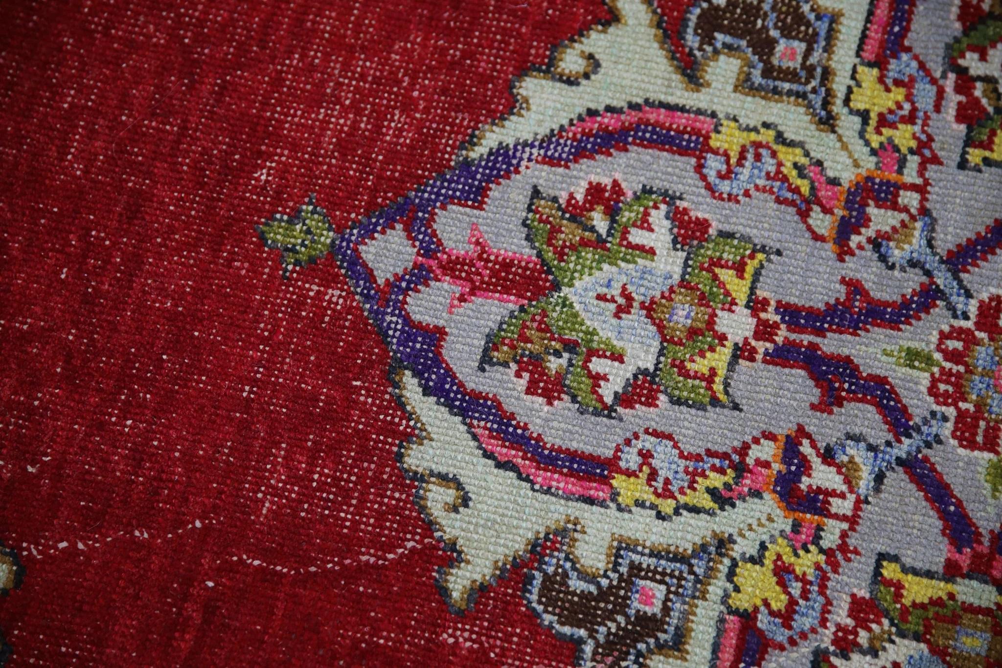 Vegetable Dyed Red Multicolor Handwoven Wool Vintage Turkish Oushak Rug 4' x 6'6