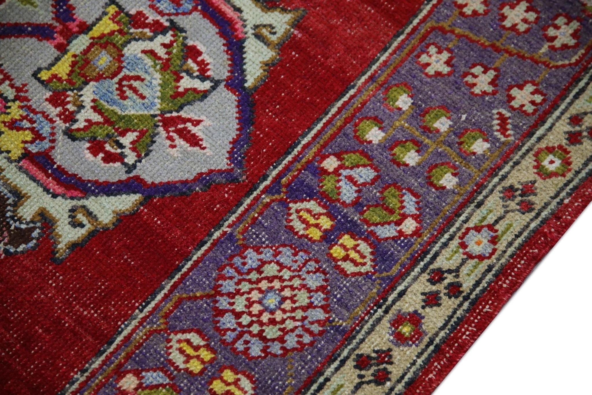 Red Multicolor Handwoven Wool Vintage Turkish Oushak Rug 4' x 6'6