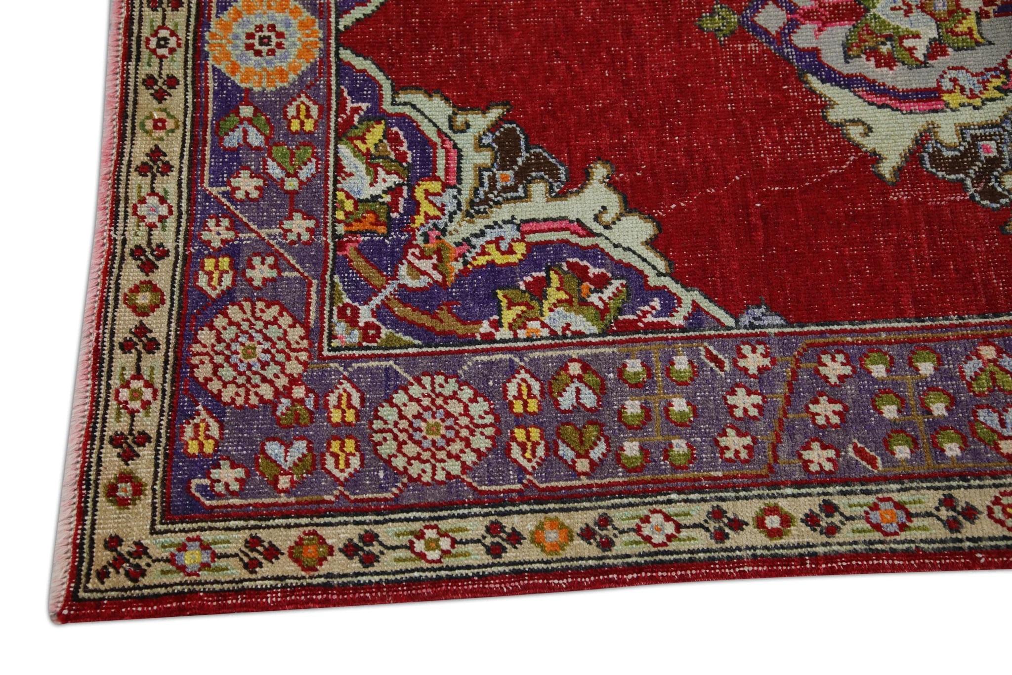 Red Multicolor Handwoven Wool Vintage Turkish Oushak Rug 4' x 6'6