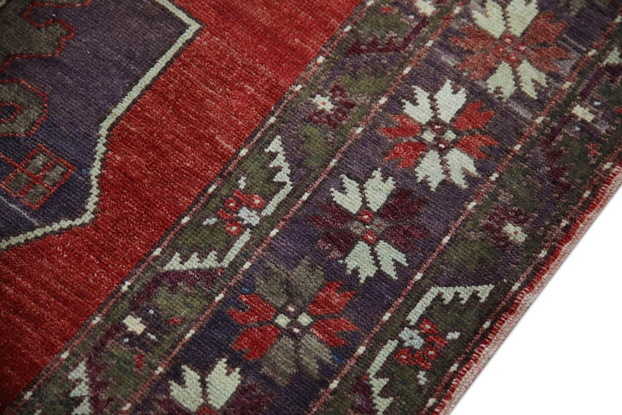 Red Multicolor Handwoven Wool Vintage Turkish Oushak Rug 4'9