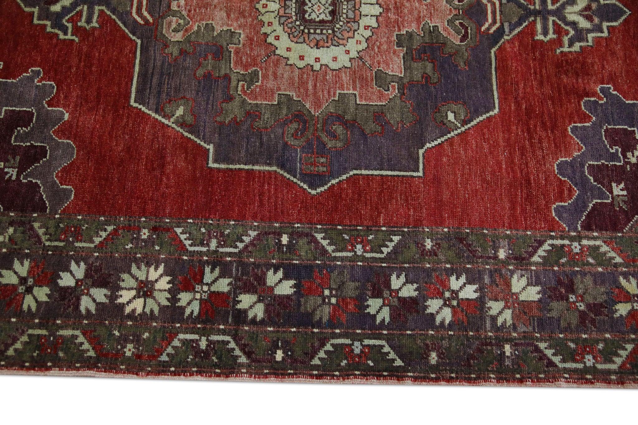 Contemporary Red Multicolor Handwoven Wool Vintage Turkish Oushak Rug 4'9
