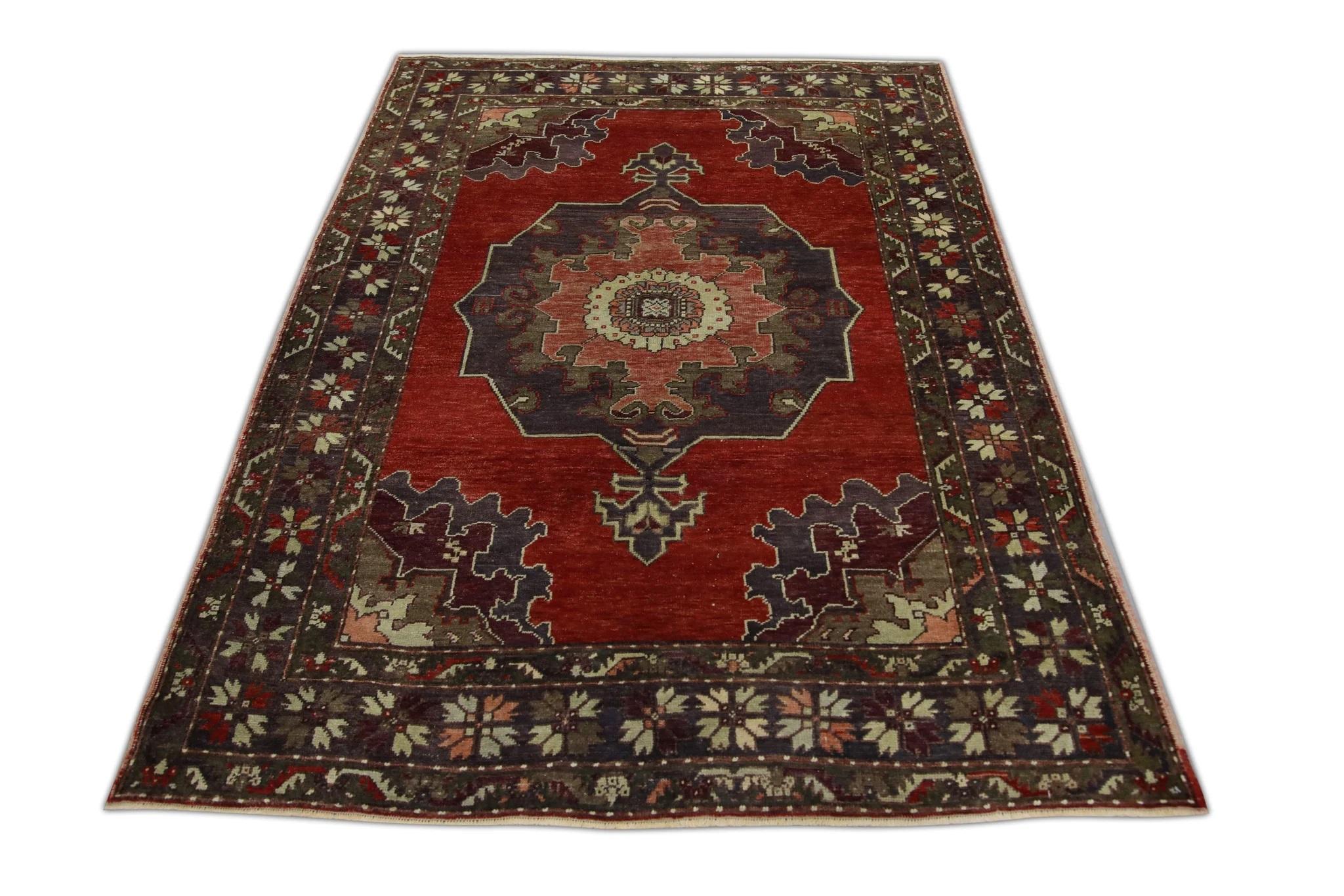 Red Multicolor Handwoven Wool Vintage Turkish Oushak Rug 4'9