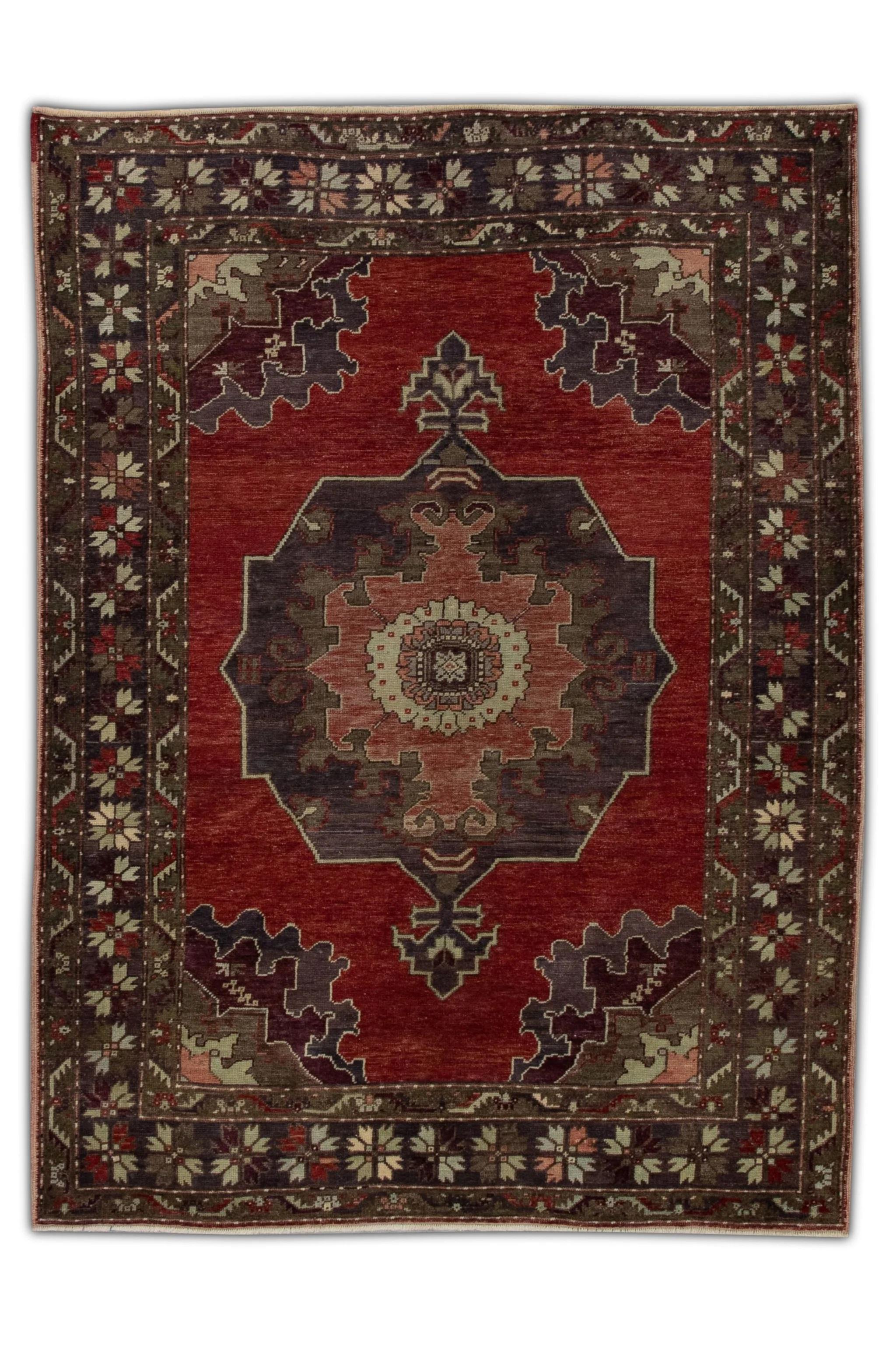 Red Multicolor Handwoven Wool Vintage Turkish Oushak Rug 4'9