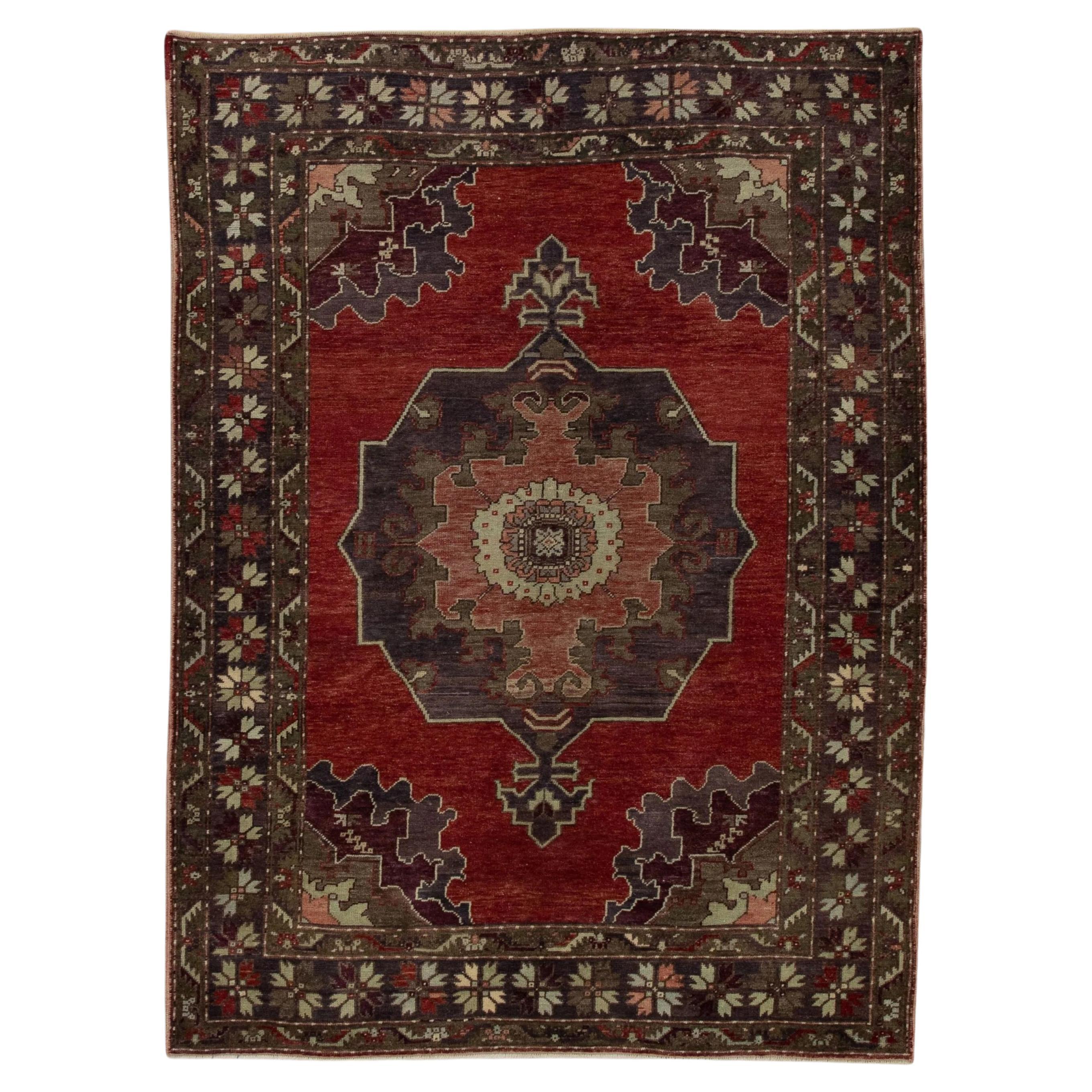 Red Multicolor Handwoven Wool Vintage Turkish Oushak Rug 4'9" x 6'7" For Sale