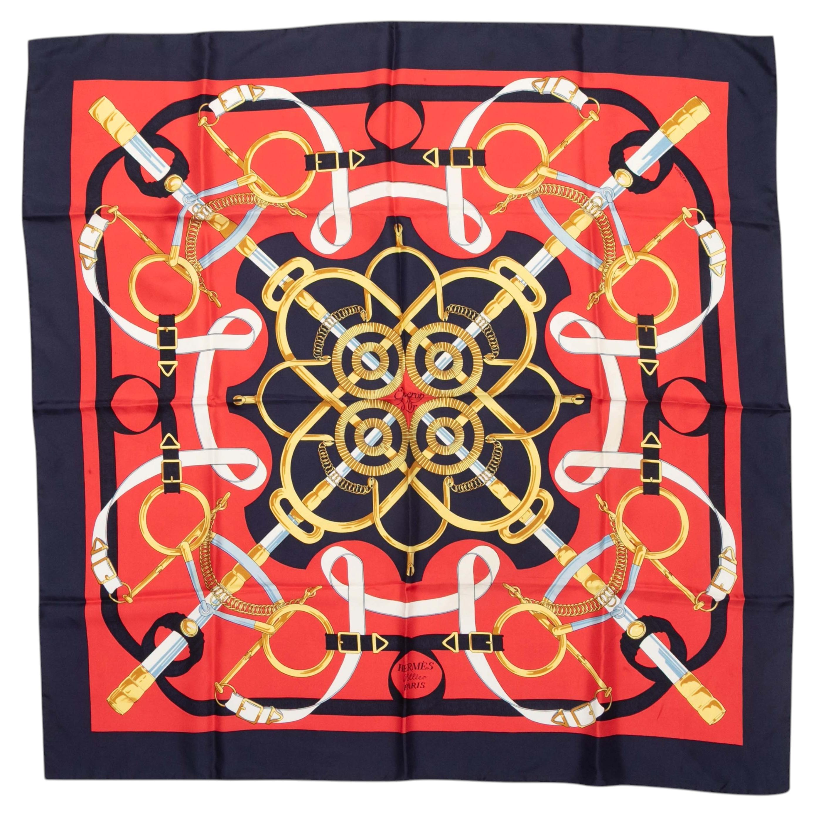 Red & Multicolor Hermes Eperon d'Or Motif Printed Silk Scarf For Sale