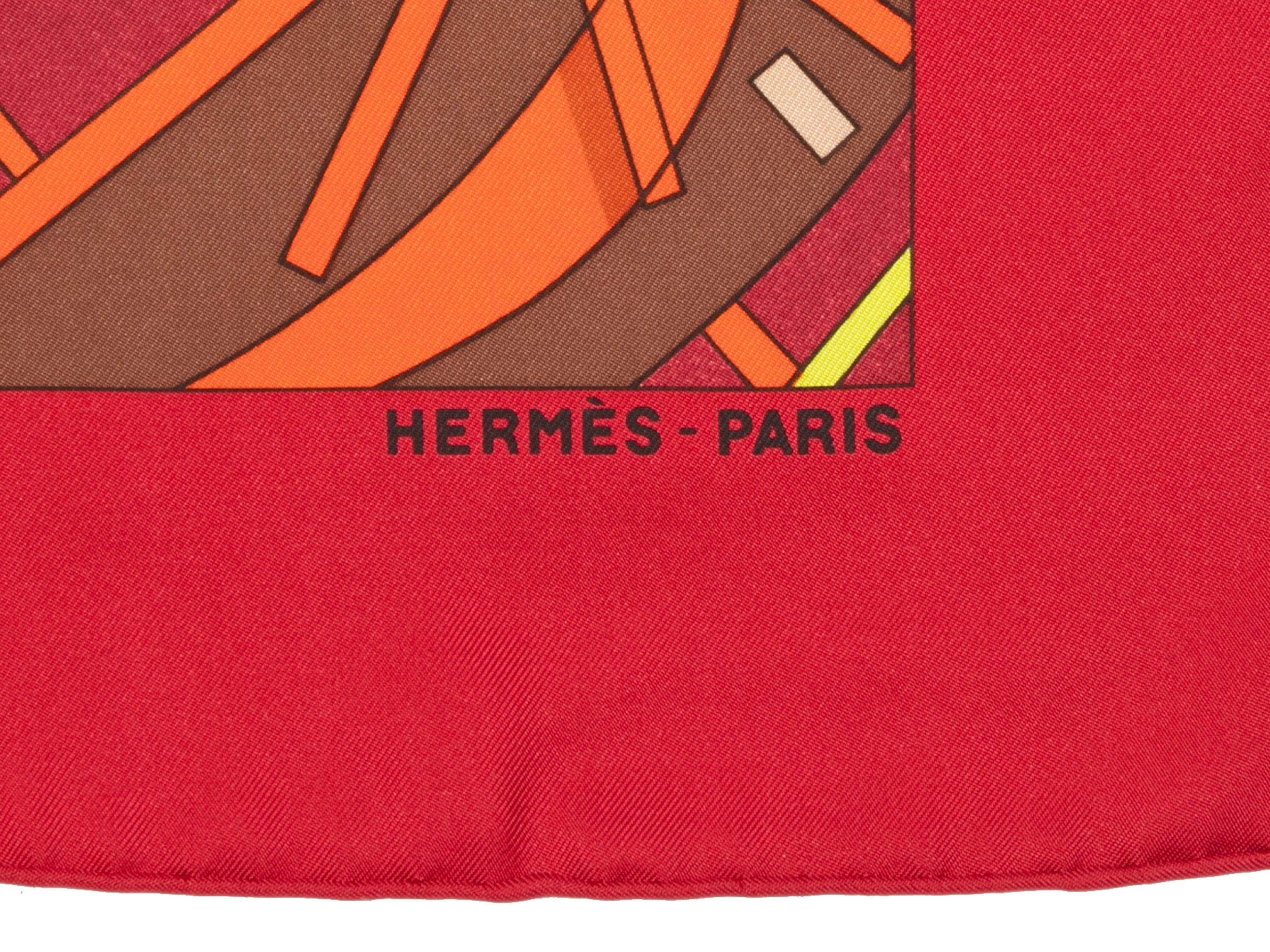 Red & Multicolor Hermes Les Folies Du Ciel Motif Print Silk Scarf In Good Condition In New York, NY
