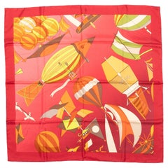 Red & Multicolor Hermes Les Folies Du Ciel Motif Print Silk Scarf