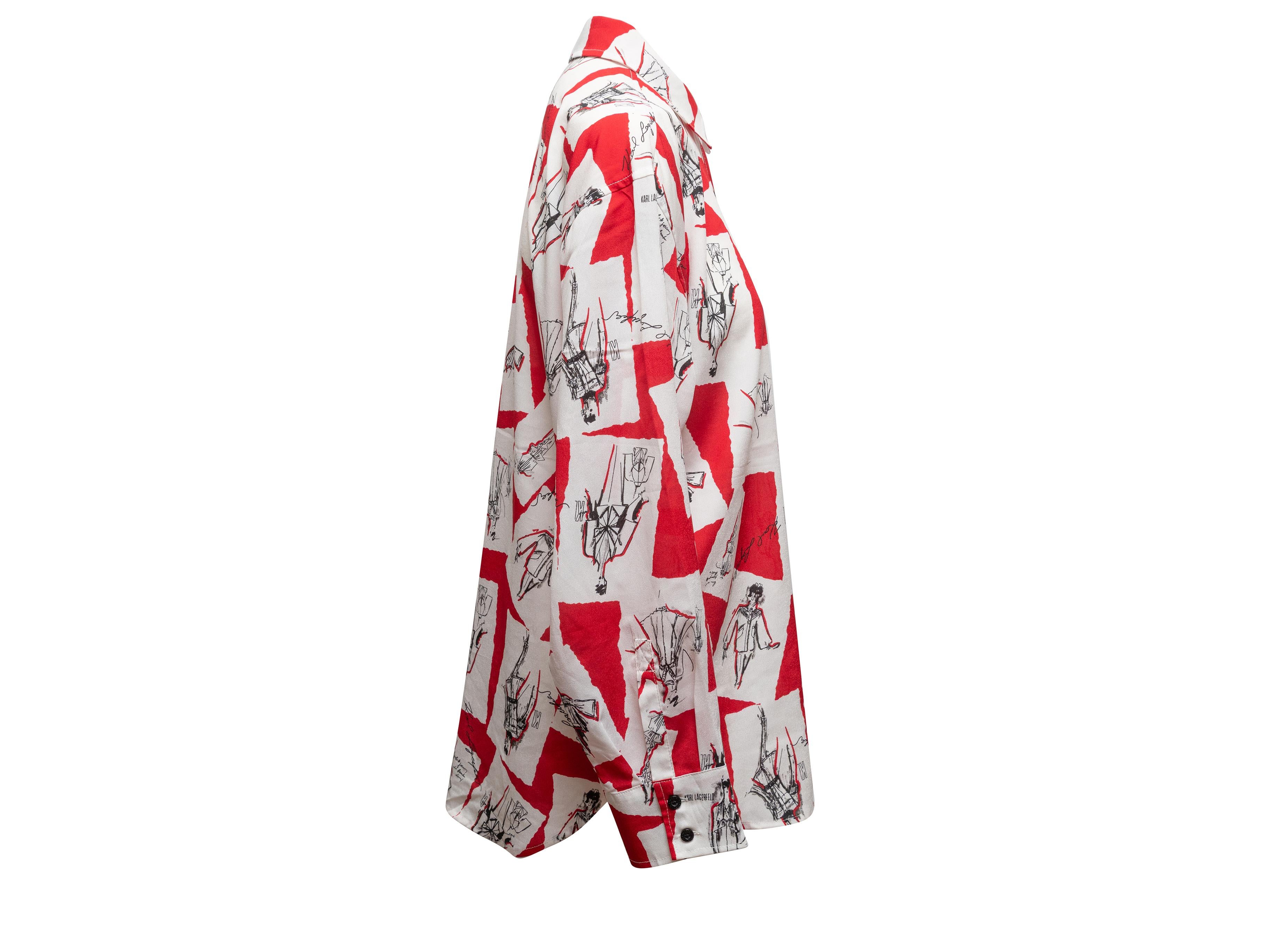 Rotes, schwarzes und weißes, mit Modeskizzen bedrucktes Button-up-Top von Karl Lagerfeld. Spitz zulaufender Kragen. Knopfverschlüsse in der vorderen Mitte. 41
