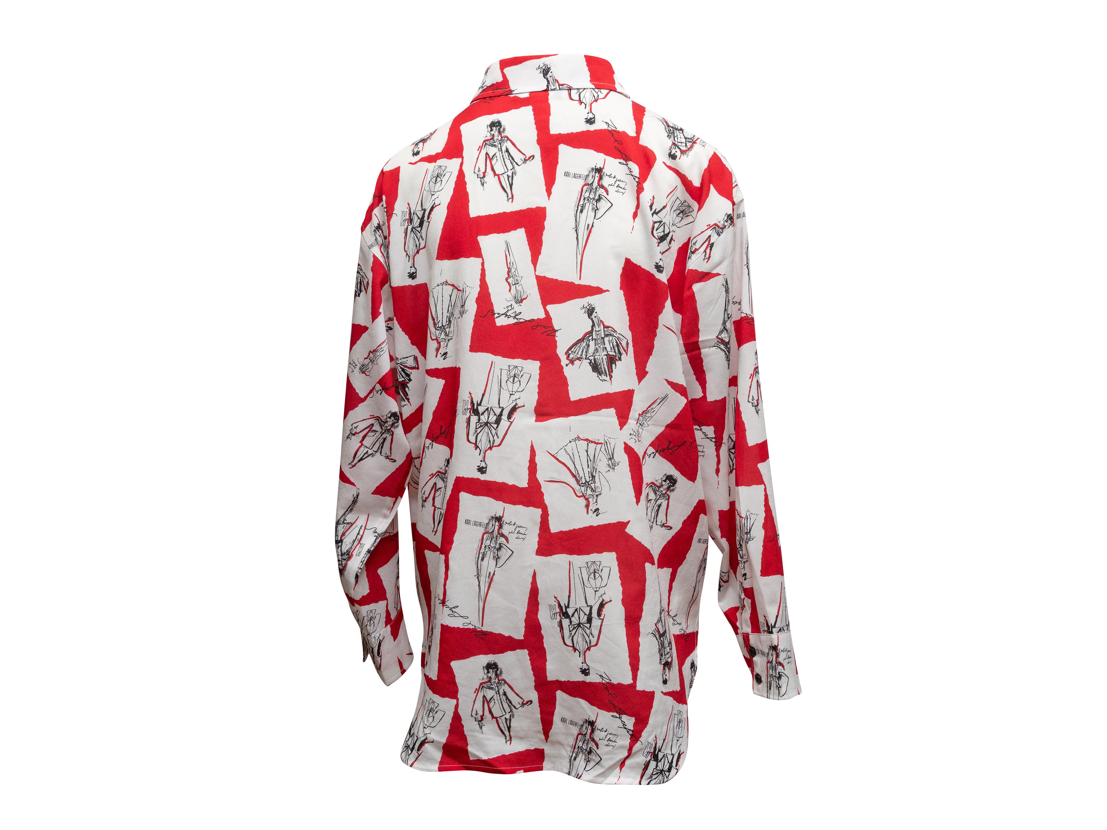 Rotes & mehrfarbiges Karl Lagerfeld Bedrucktes Button-Up-Oberteil Größe US M (Grau) im Angebot