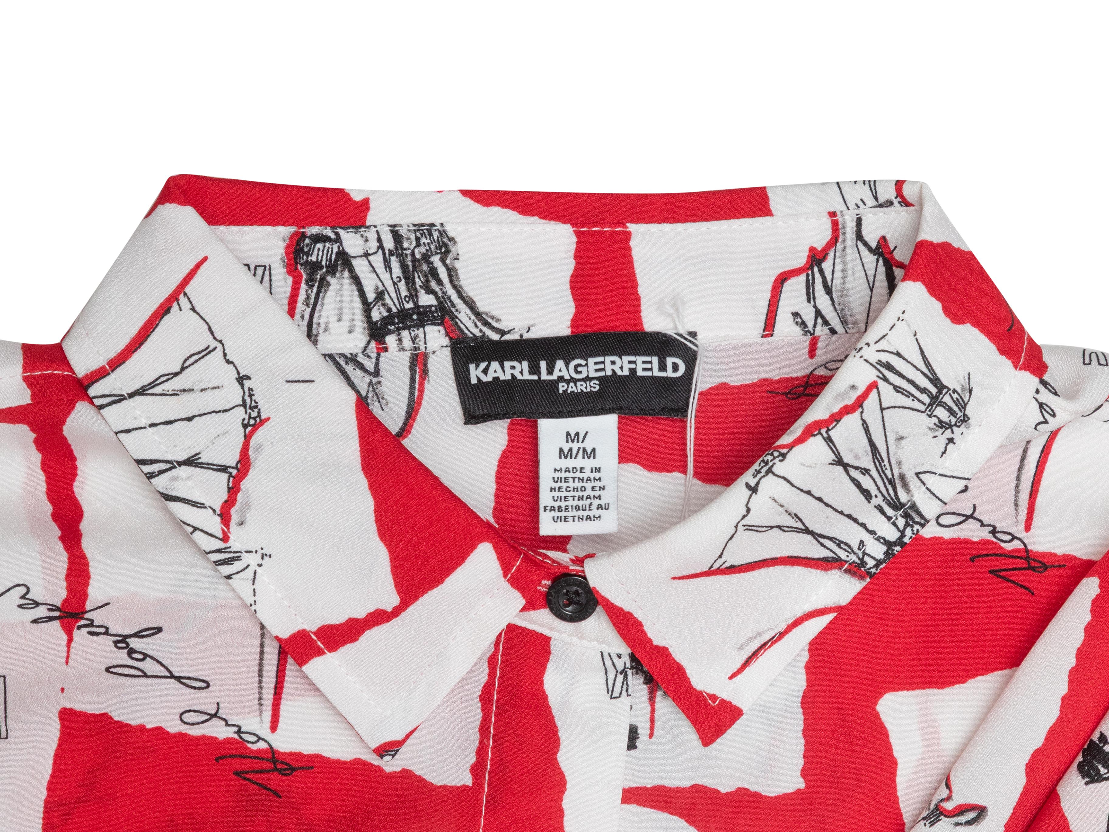 Rotes & mehrfarbiges Karl Lagerfeld Bedrucktes Button-Up-Oberteil Größe US M im Zustand „Gut“ im Angebot in New York, NY