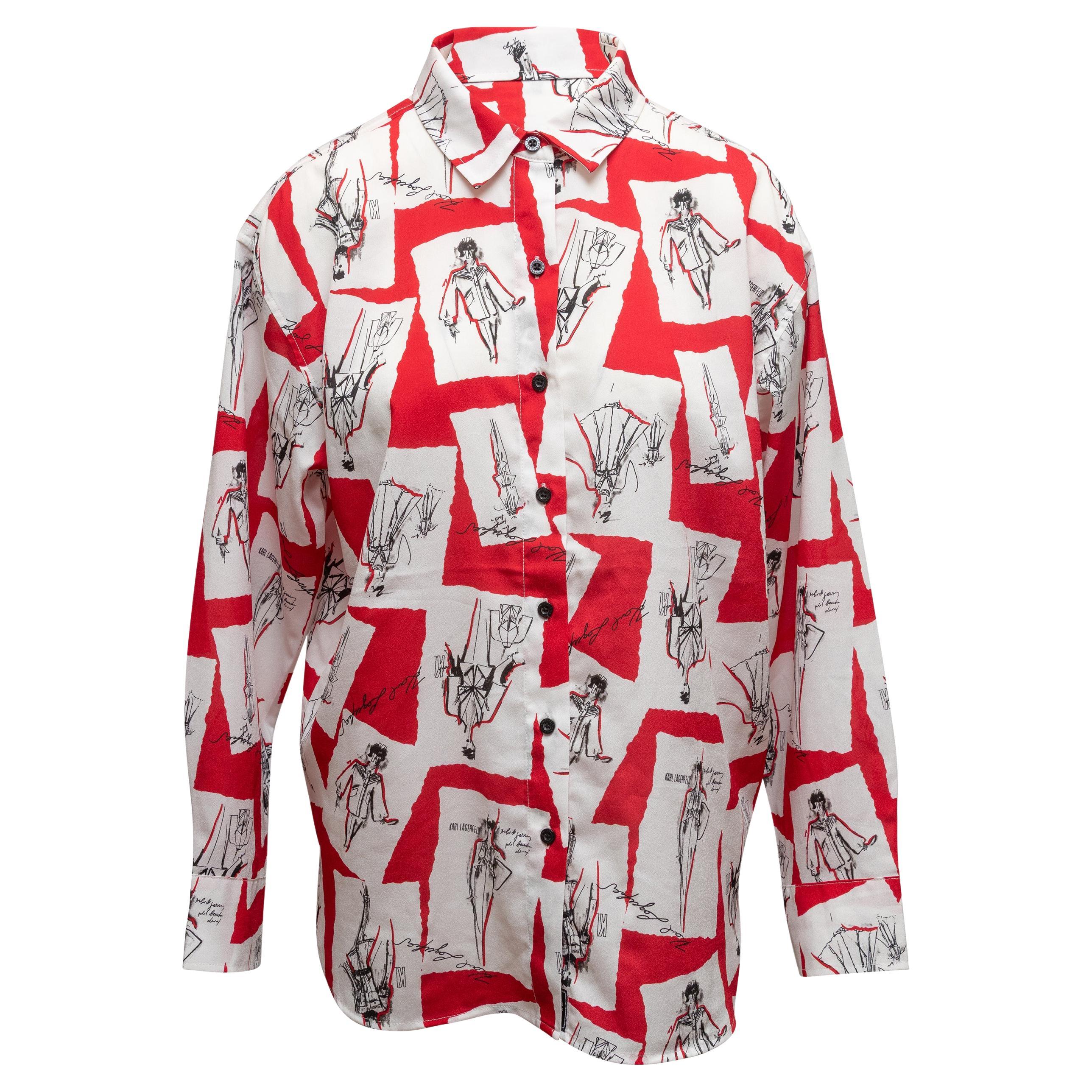 Rotes & mehrfarbiges Karl Lagerfeld Bedrucktes Button-Up-Oberteil Größe US M im Angebot