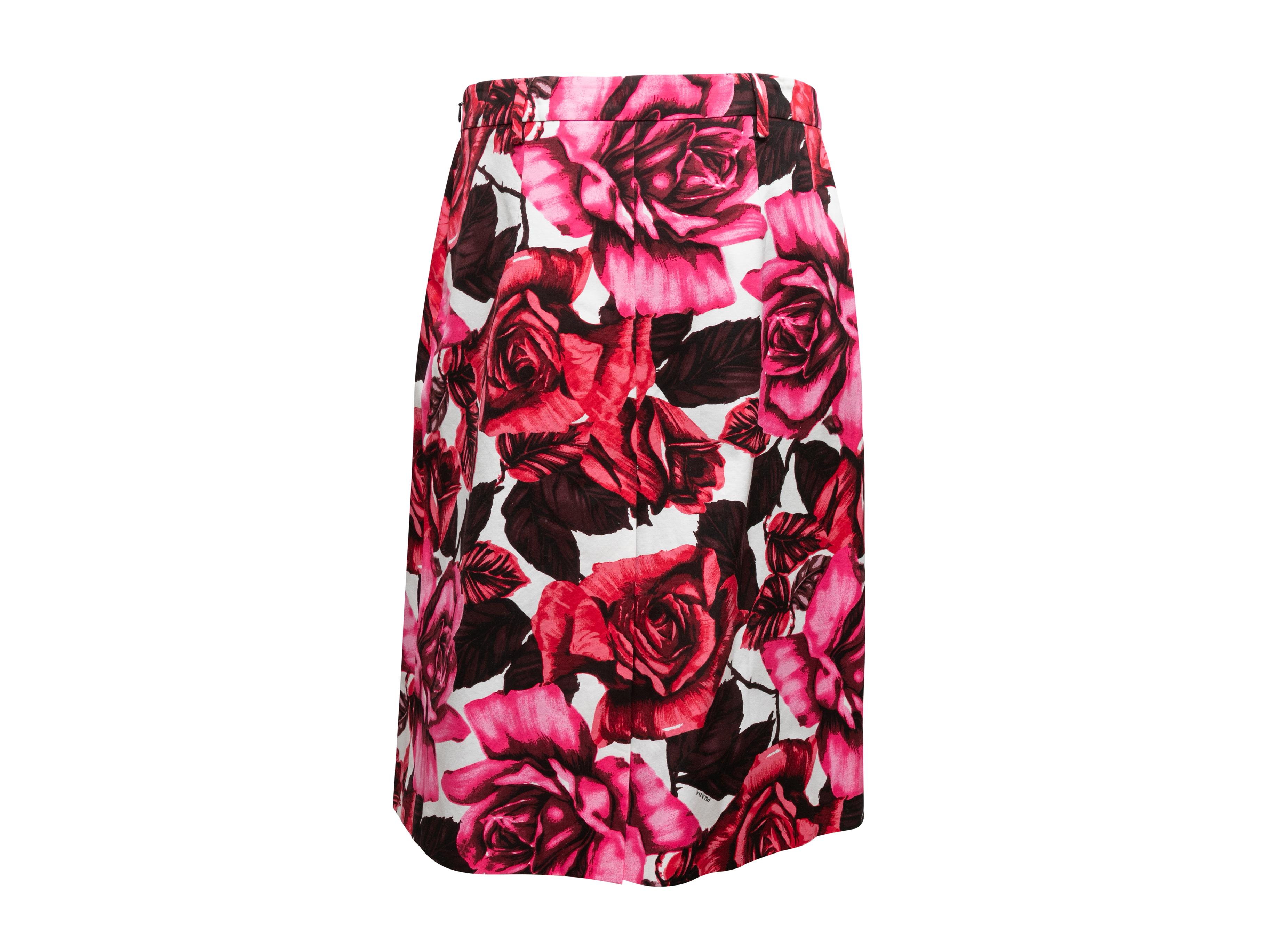 Red & Multicolor Prada 2019 Rose Print Skirt Size US L In Good Condition For Sale In New York, NY