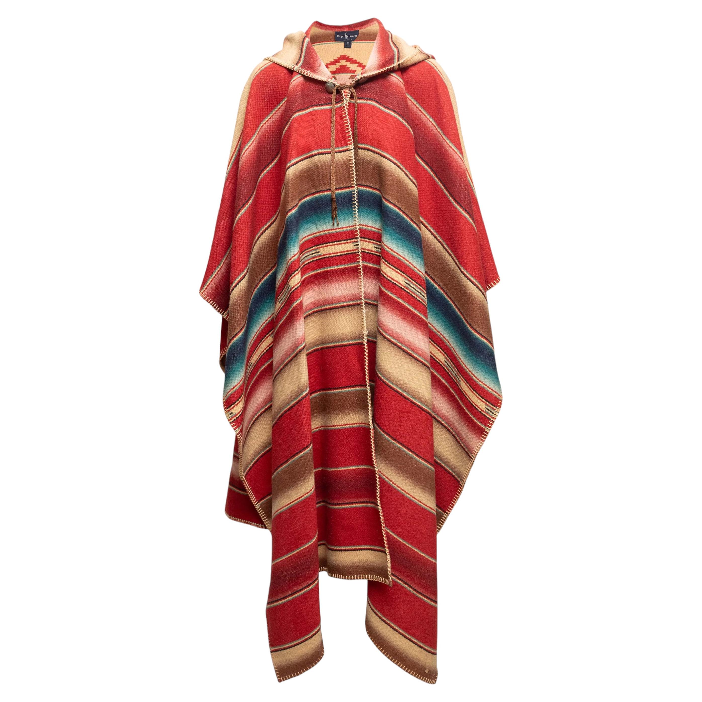 Red & Multicolor Ralph Lauren Wool-Blend Striped Hooded Poncho Size O/S