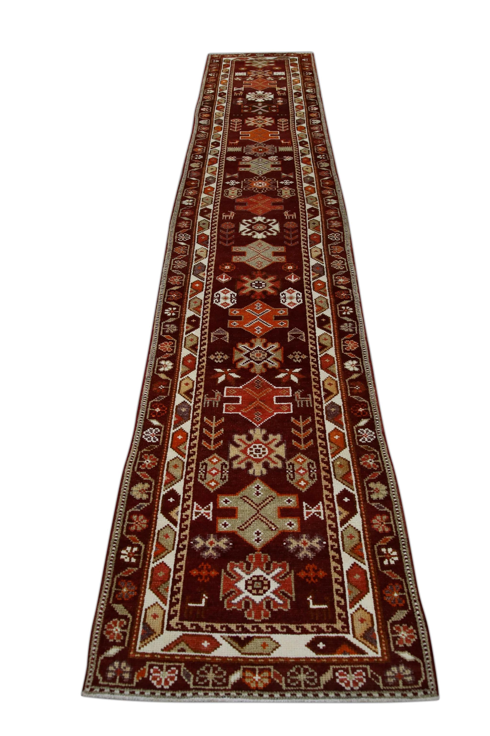 Teinture végétale Tapis de couloir turc vintage rouge multicolore 2'10