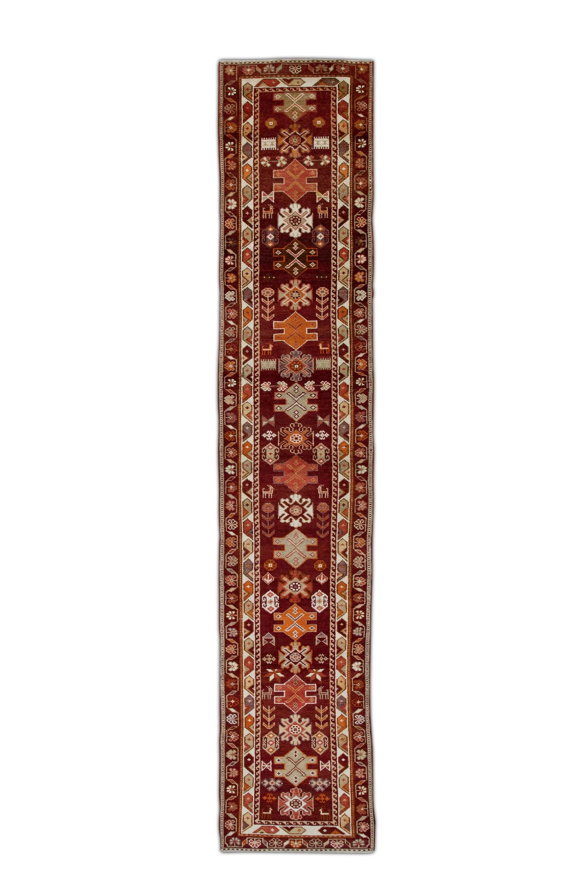 Tapis de couloir turc vintage rouge multicolore 2'10