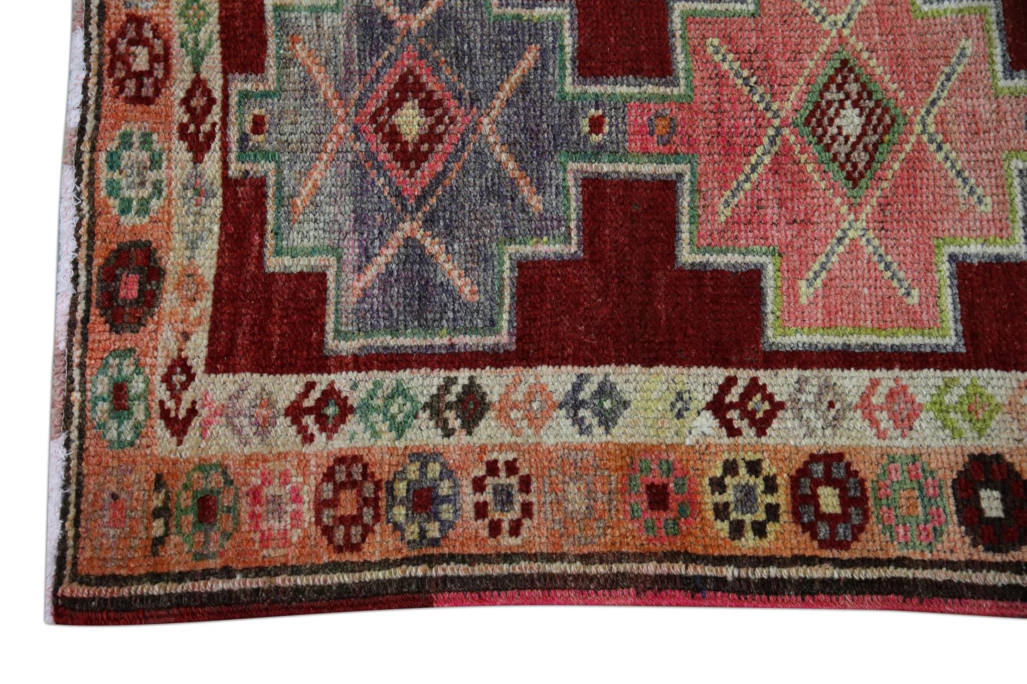 Tribal Tapis de couloir turc vintage multicolore rouge 2'9