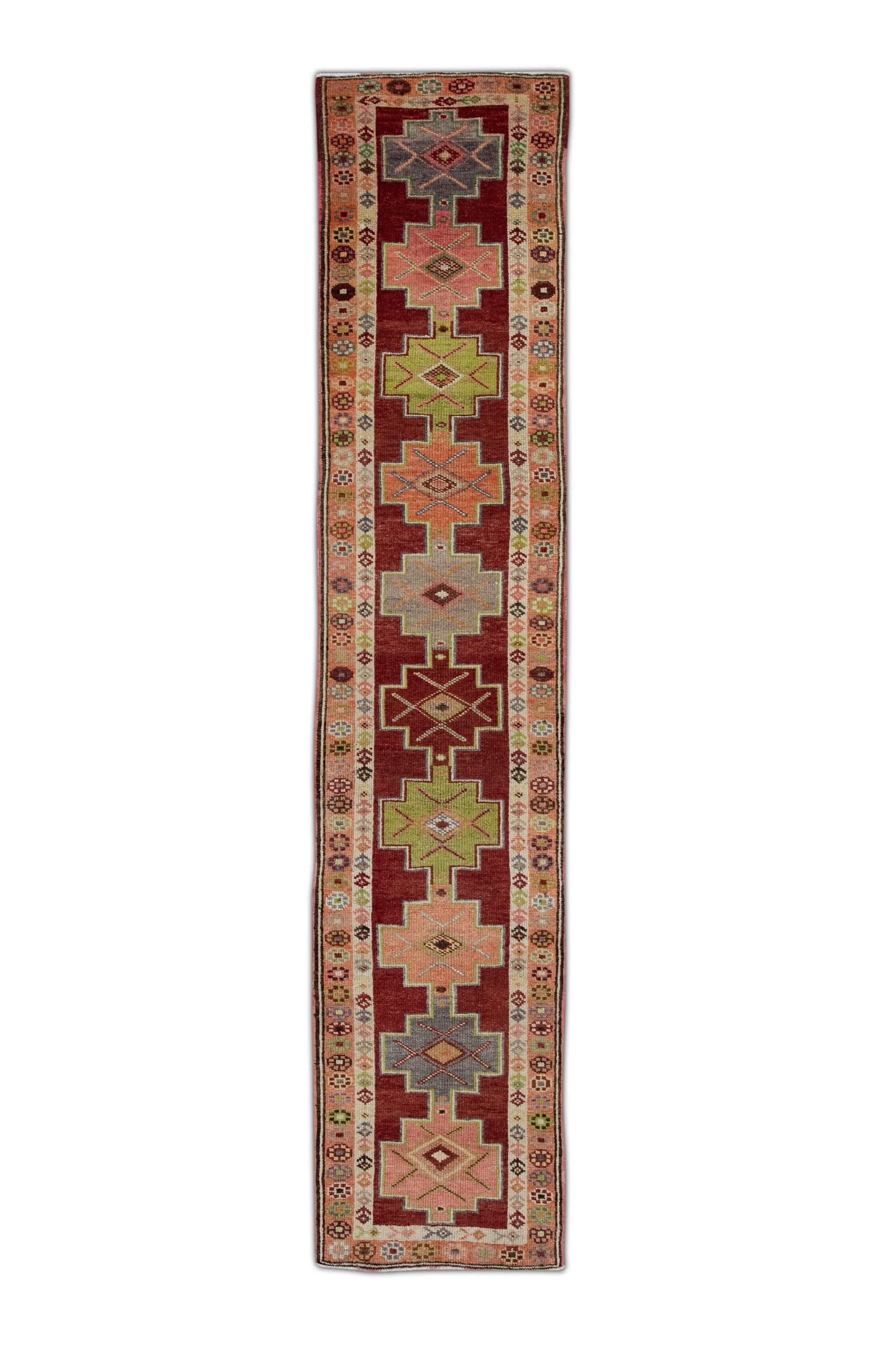 Tapis de couloir turc vintage multicolore rouge 2'9