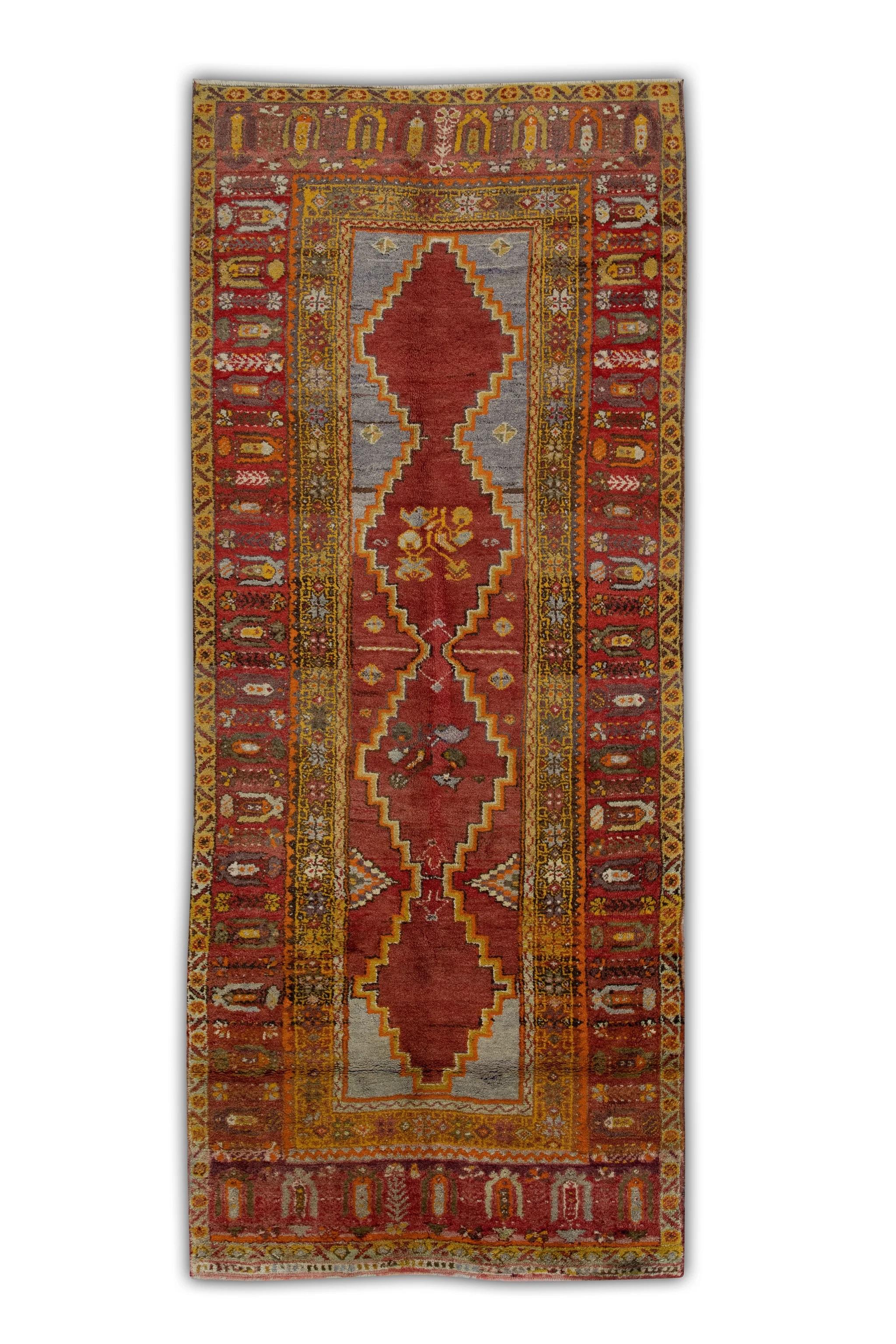 Wool Red Multicolor Vintage Turkish Runner 4' x 9'11