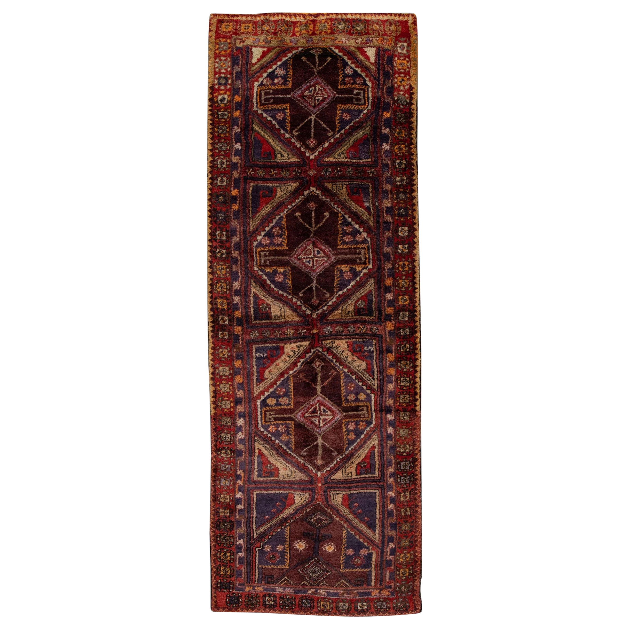 Mehrfarbiger türkischer Vintage-Läufer in Rot, 4'7" x 13'2"