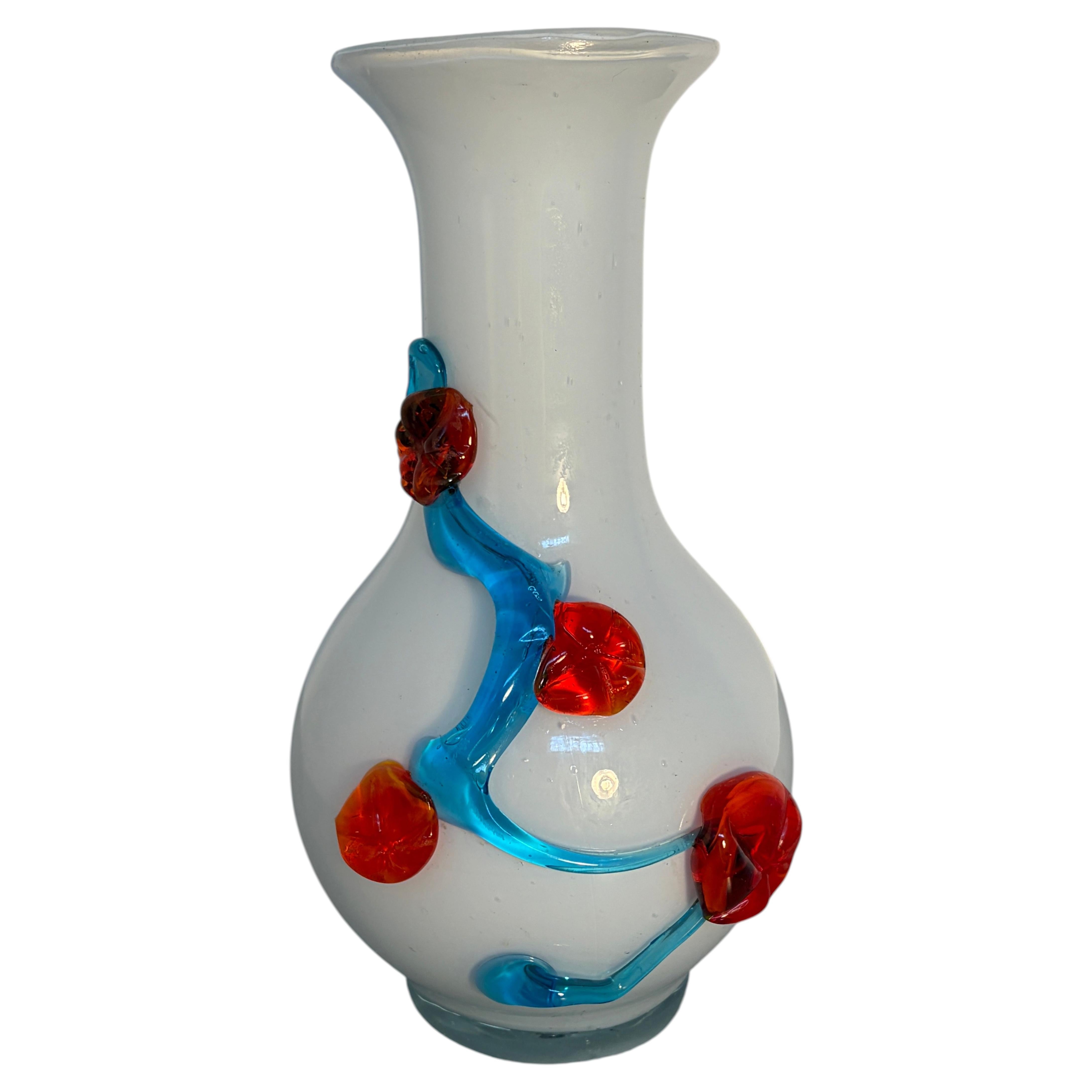 Red Murano Art Glass Handkerchief Vase with Black and White Swirl Design