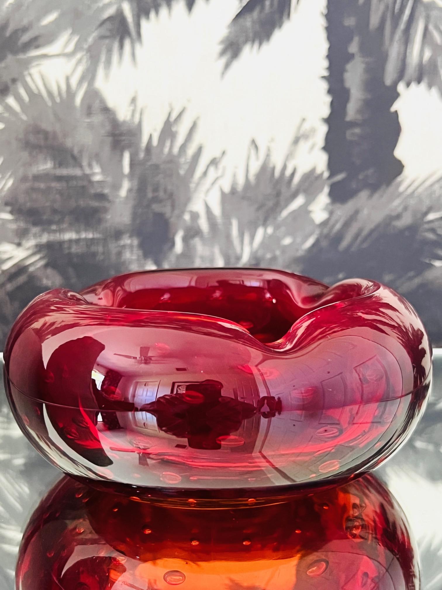 Mid-Century Modern Red Murano Ashtray with Controlled Bubble Design by Seguso, c. 1950's