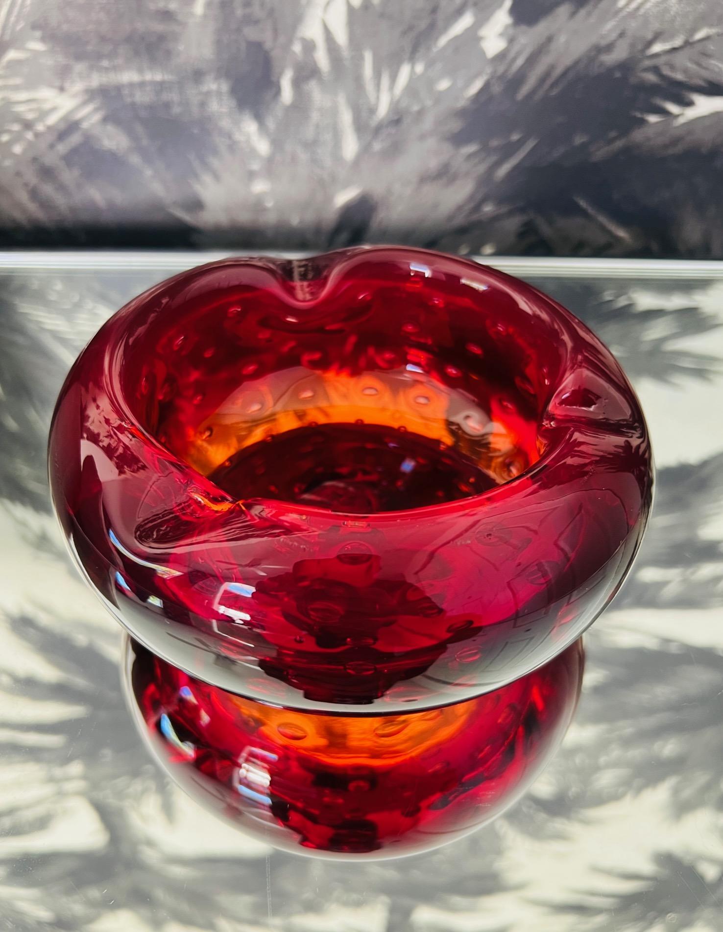 Hand-Crafted Red Murano Ashtray with Controlled Bubble Design by Seguso, c. 1950's