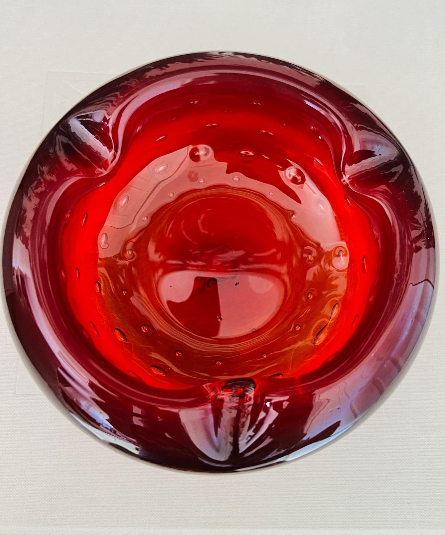 Blown Glass Red Murano Ashtray with Controlled Bubble Design by Seguso, c. 1950's