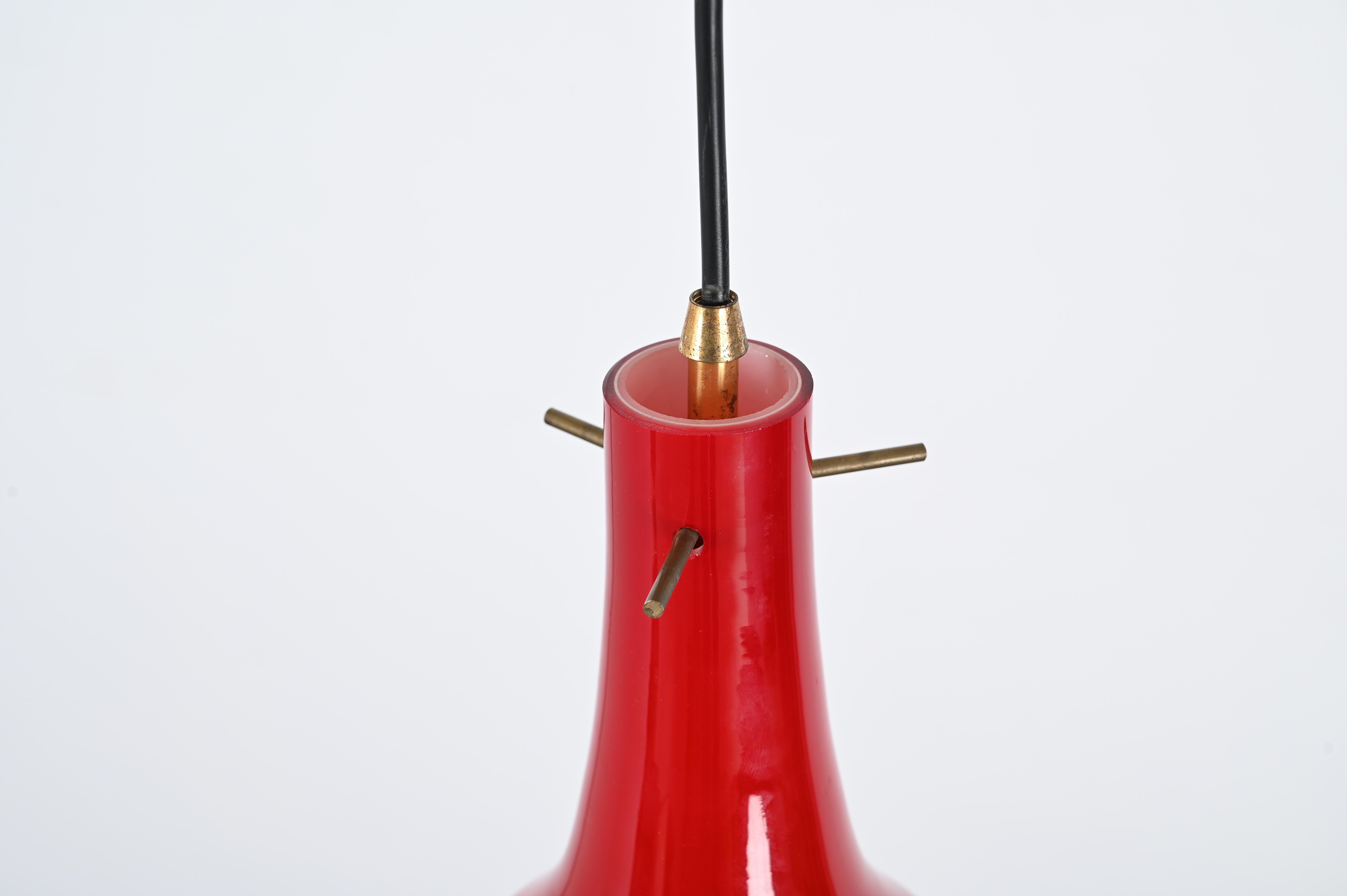 Red Murano Cased Glass and Brass Pendant Chandelier by Stilnovo, Italy 1950s For Sale 3