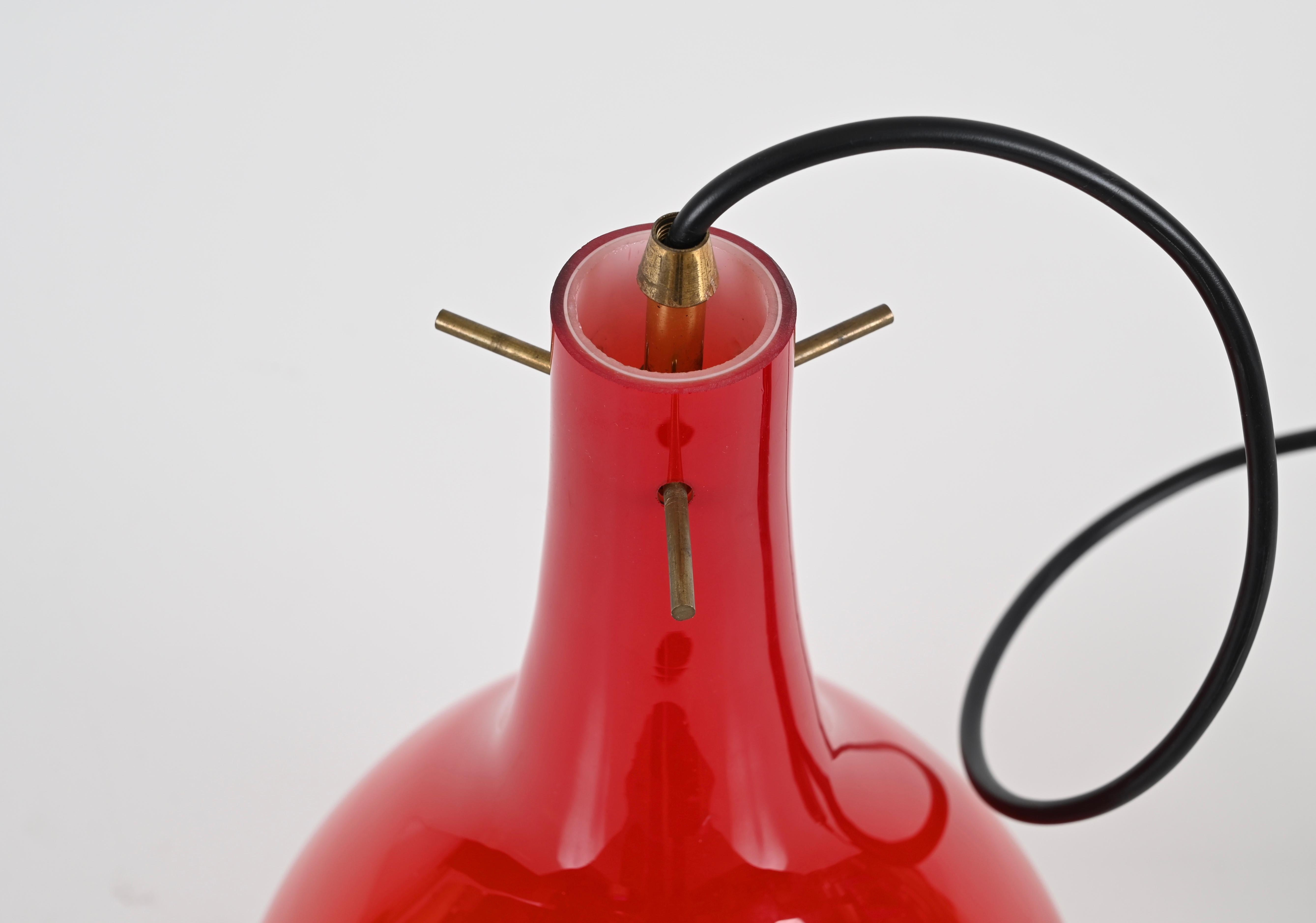 Italian Red Murano Cased Glass and Brass Pendant Chandelier by Stilnovo, Italy 1950s For Sale
