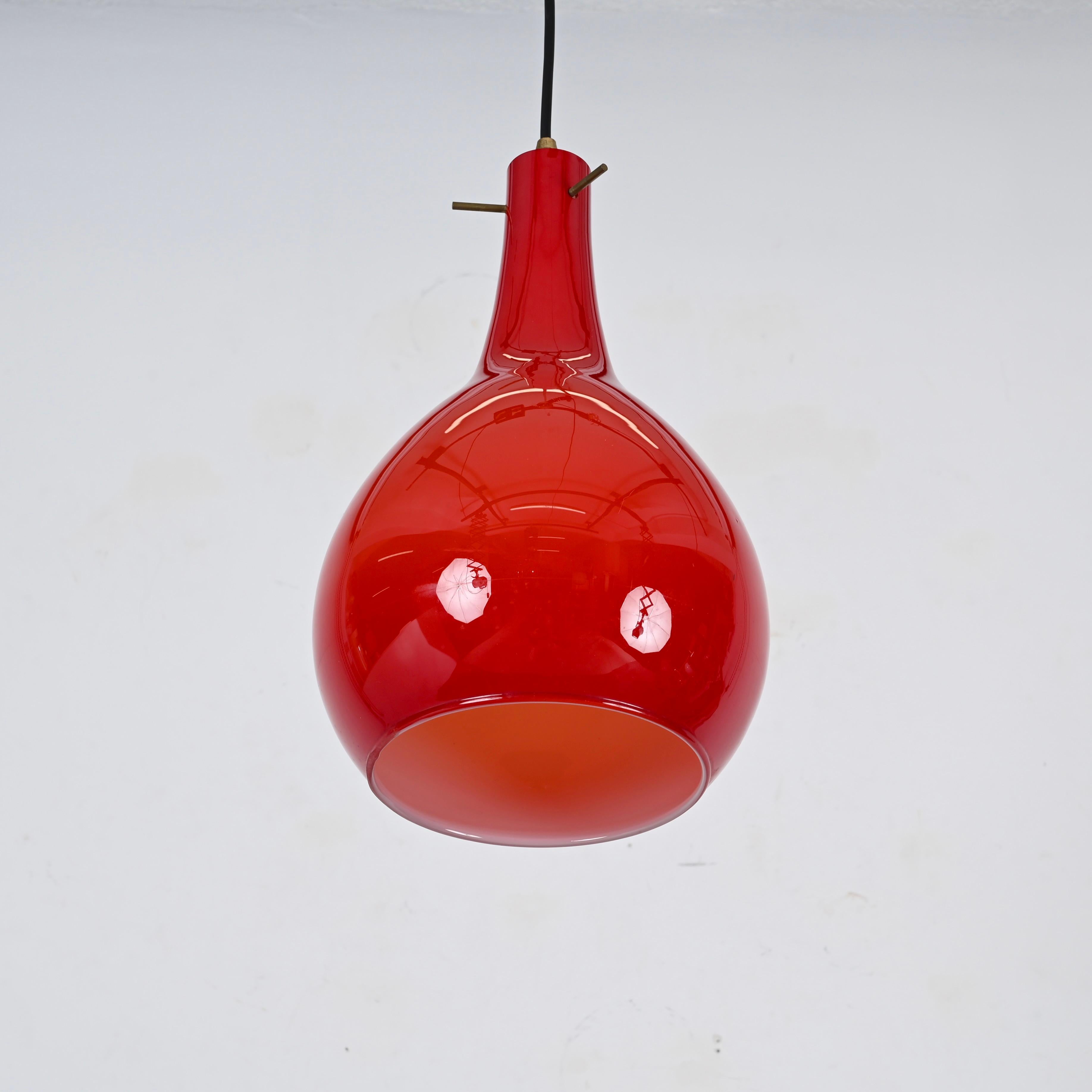 Art Glass Red Murano Cased Glass and Brass Pendant Chandelier by Stilnovo, Italy 1950s For Sale