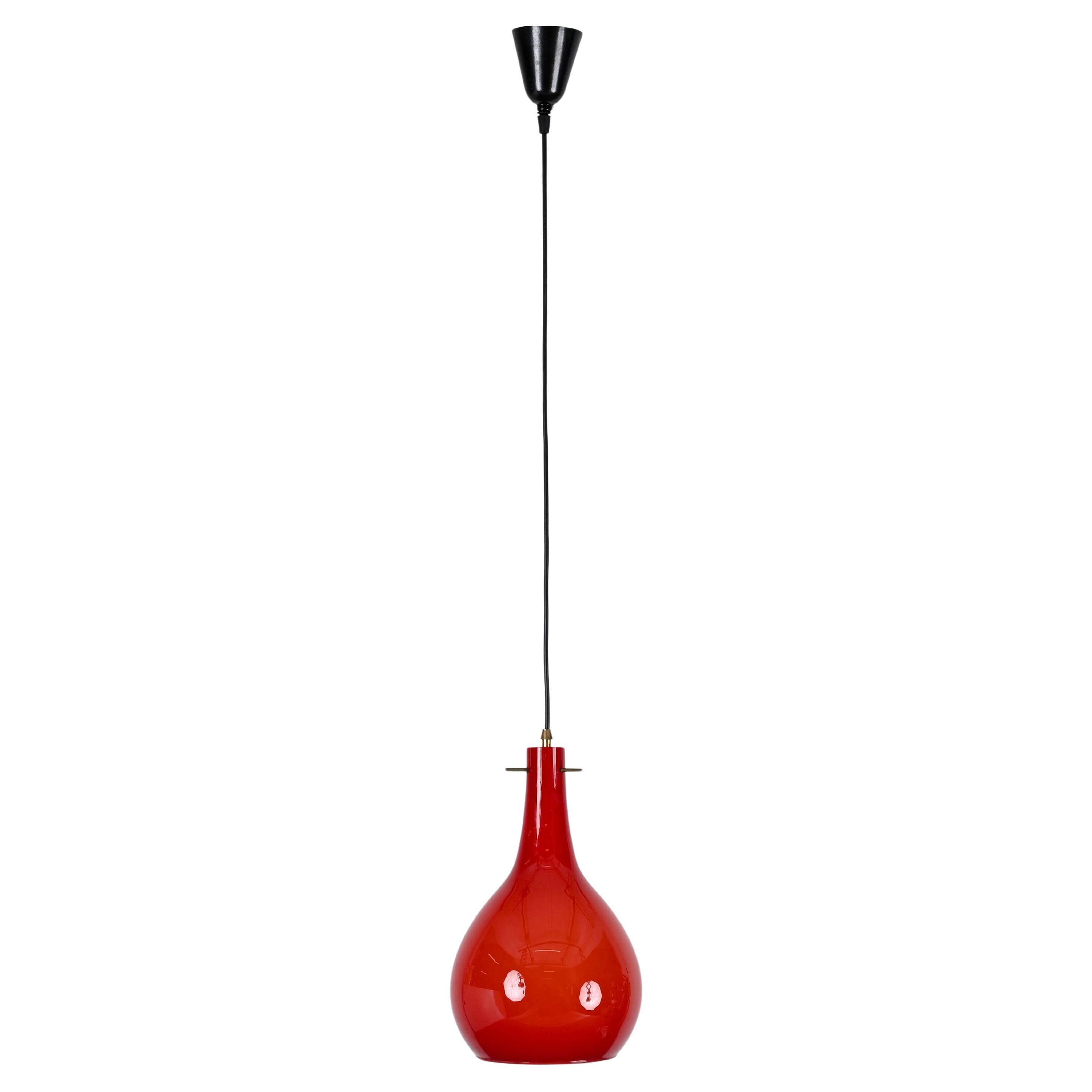 Red Murano Cased Glass and Brass Pendant Chandelier by Stilnovo, Italy 1950s For Sale