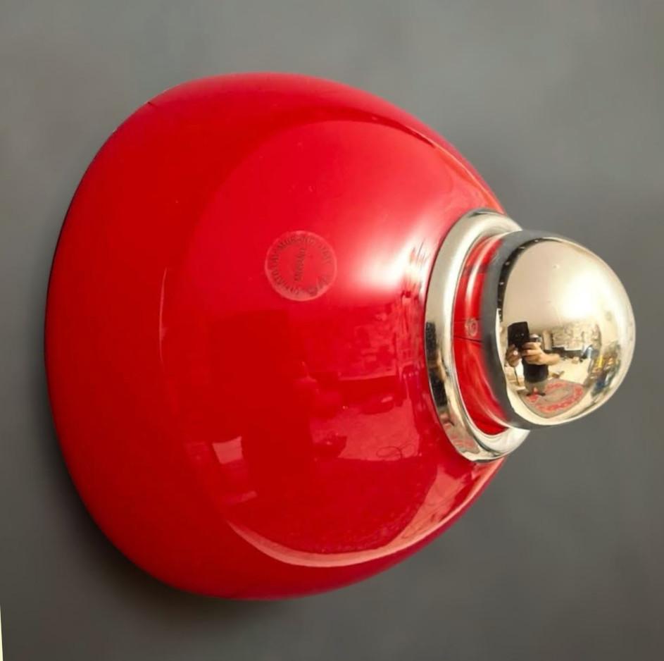 Vintage Italian flush mount or wall light with a single glossy red Murano glass shade / Made in Italy by Vistosi, circa 1960s
Measures: diameter 8 inches, height 4.5 inches
1 light / E26 or E27 type / max 60W / light bulb NOT included
1 in red color