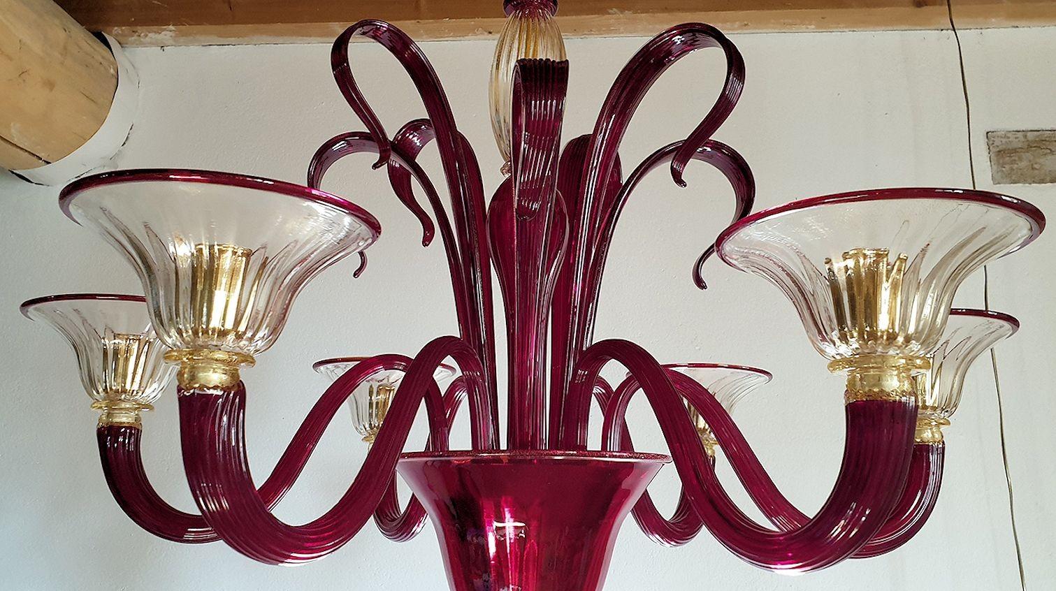 Gold Plate Red Murano Glass Chandelier, Italy 1960s For Sale