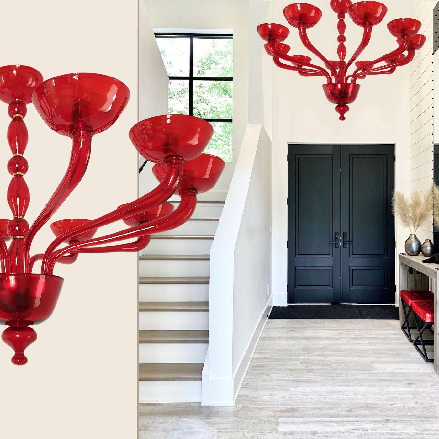 Mid-Century Modern Red Murano glass chandelier Italy 1980s For Sale