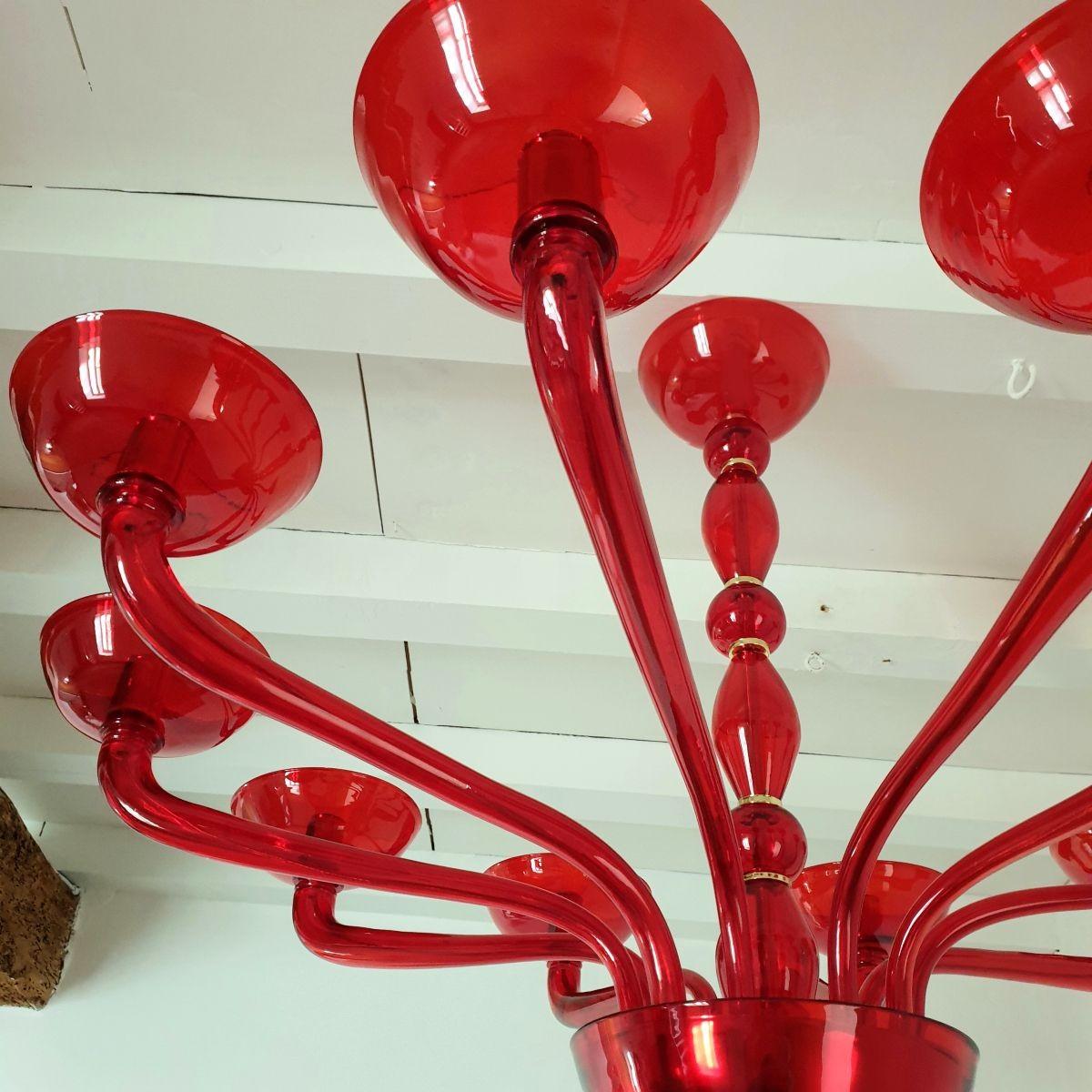 Gold Plate Red Murano glass chandelier Italy 1980s For Sale