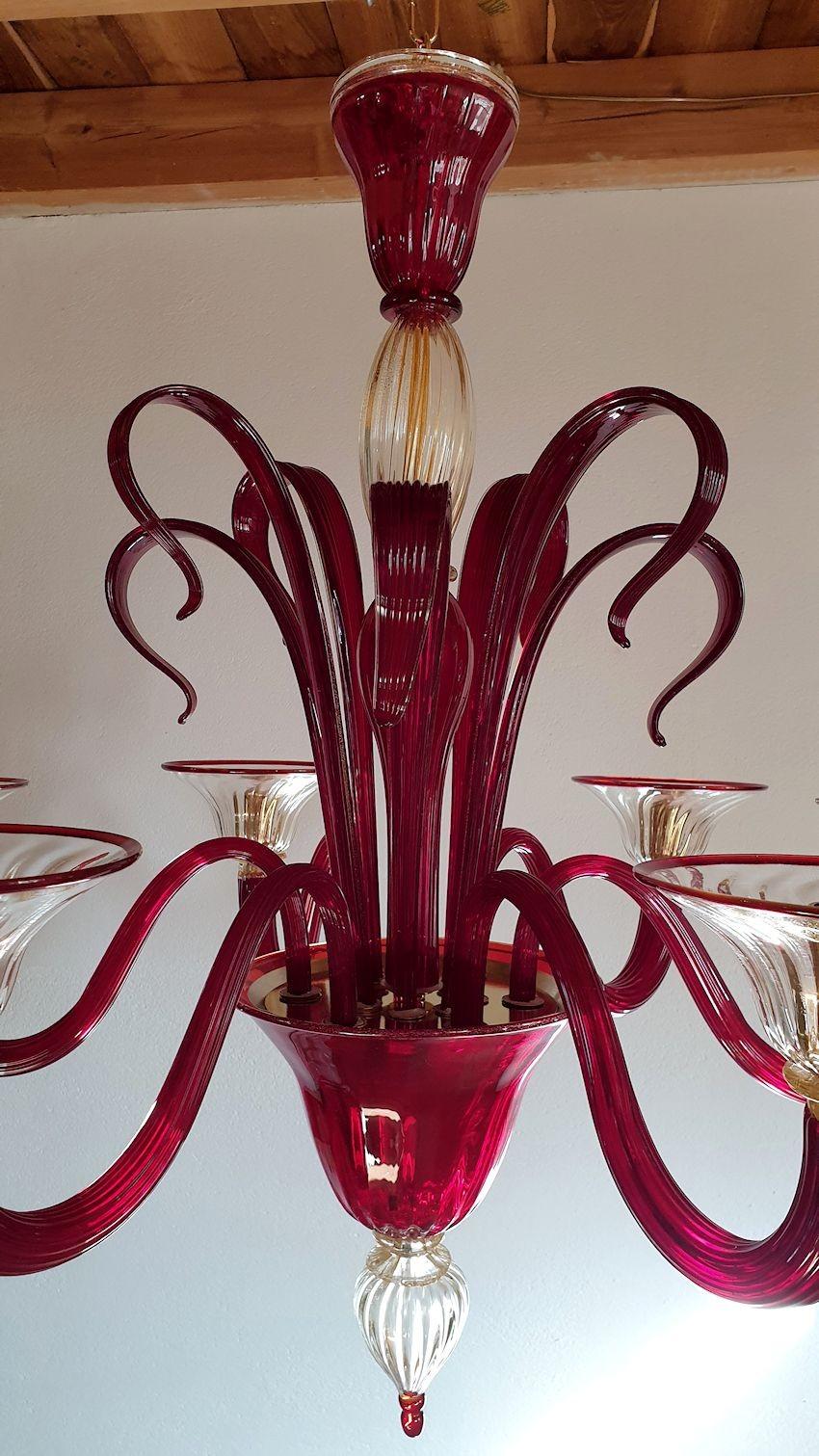 Gold Plate Red Murano Glass Chandelier, Italy For Sale