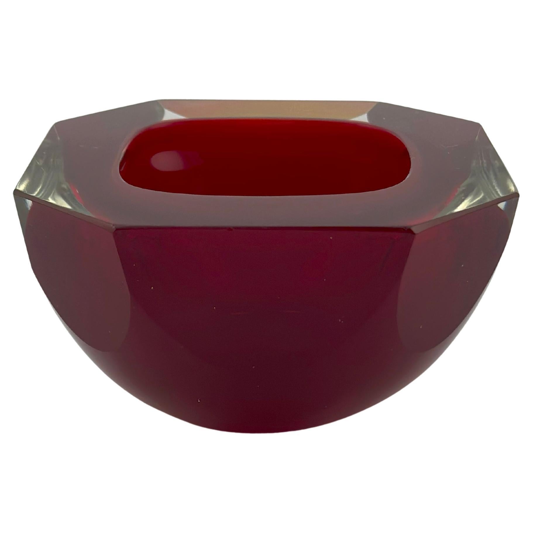 Red Murano Glass, Faceted Sommerso, Geode Bowl circa 1960s Italy