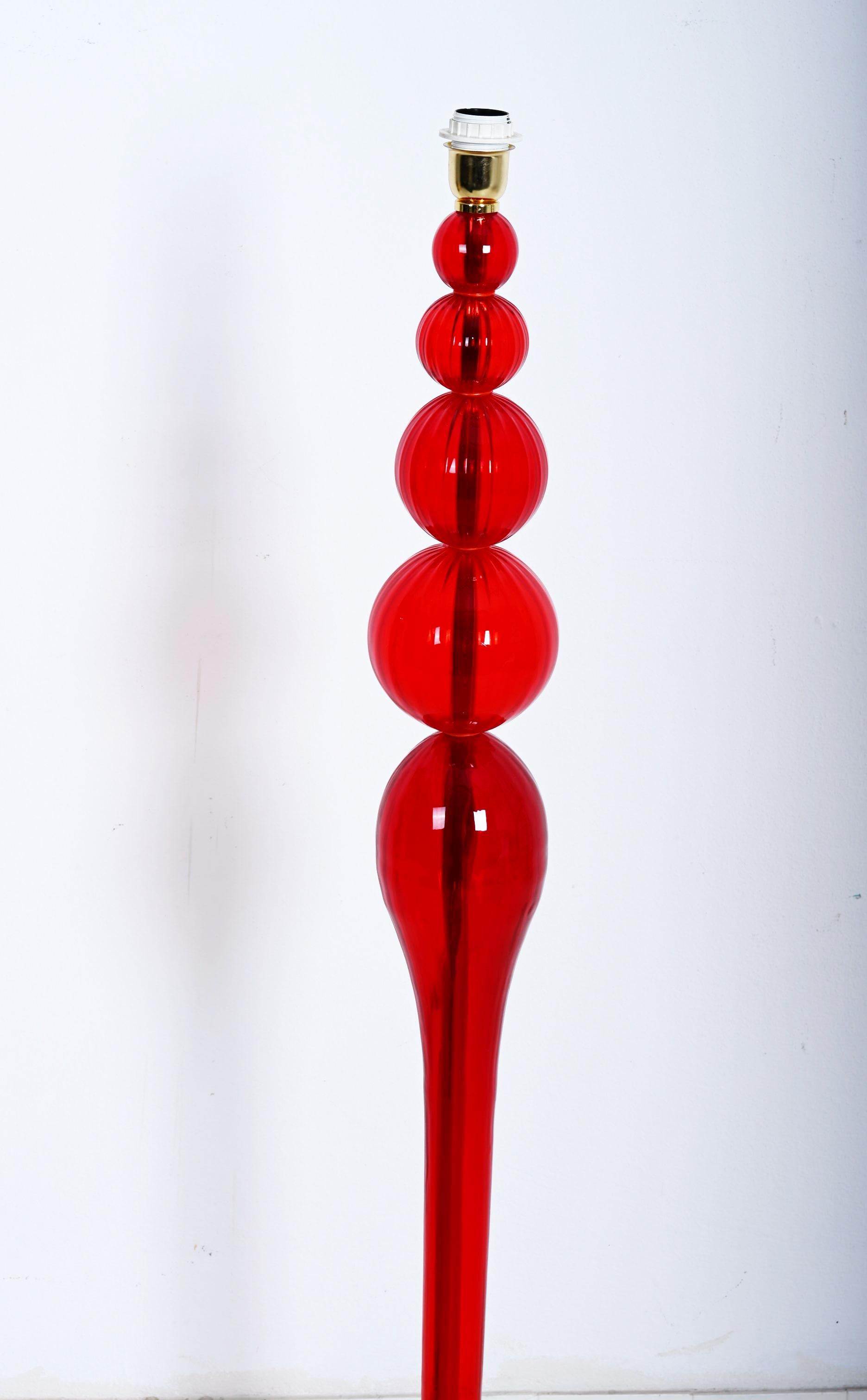 Brass Red Murano Glass Floor Lamp For Sale