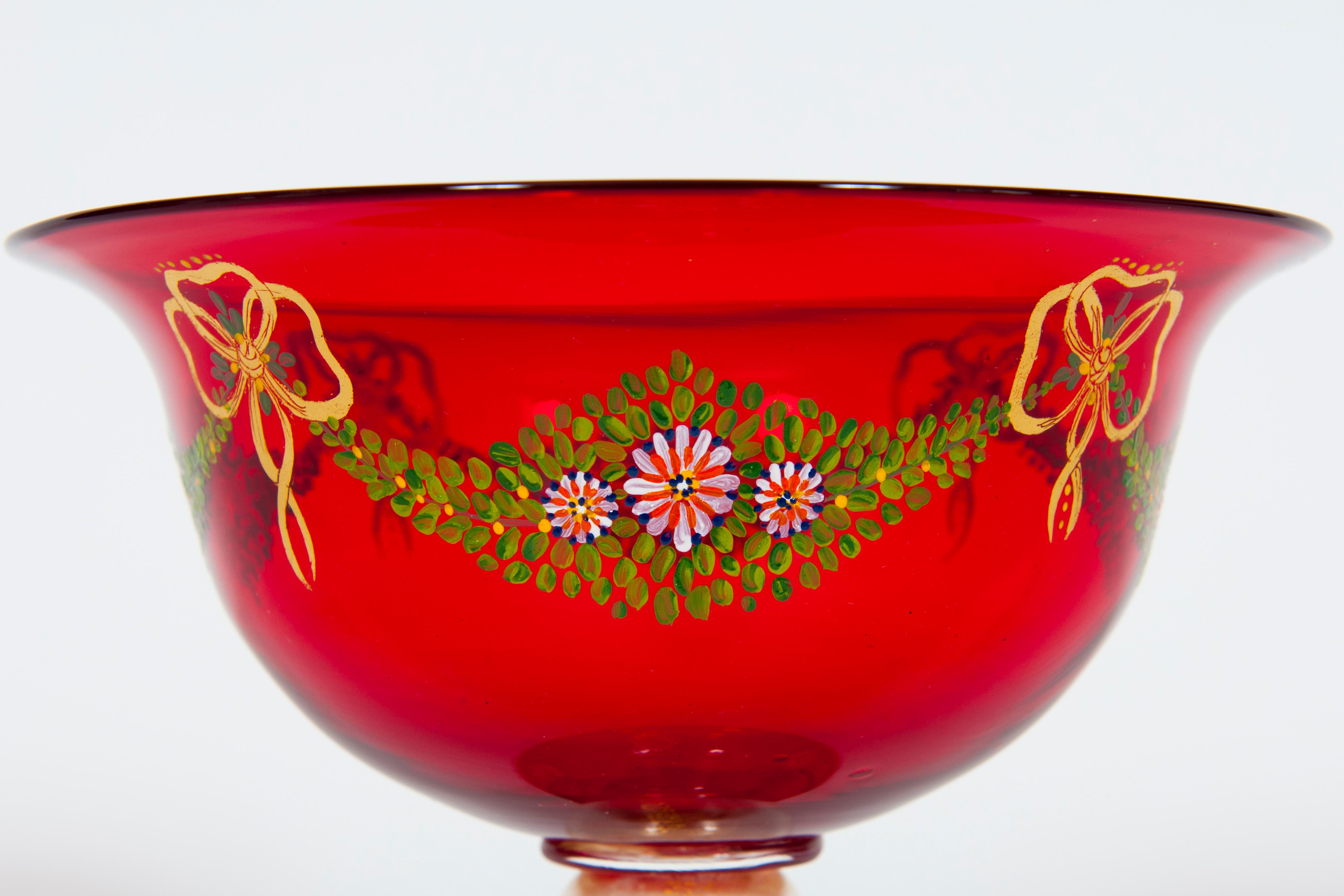 Red Murano Glass Goblet with Hand-Painted Garlands Attributed to Caramea, 1990s For Sale 5