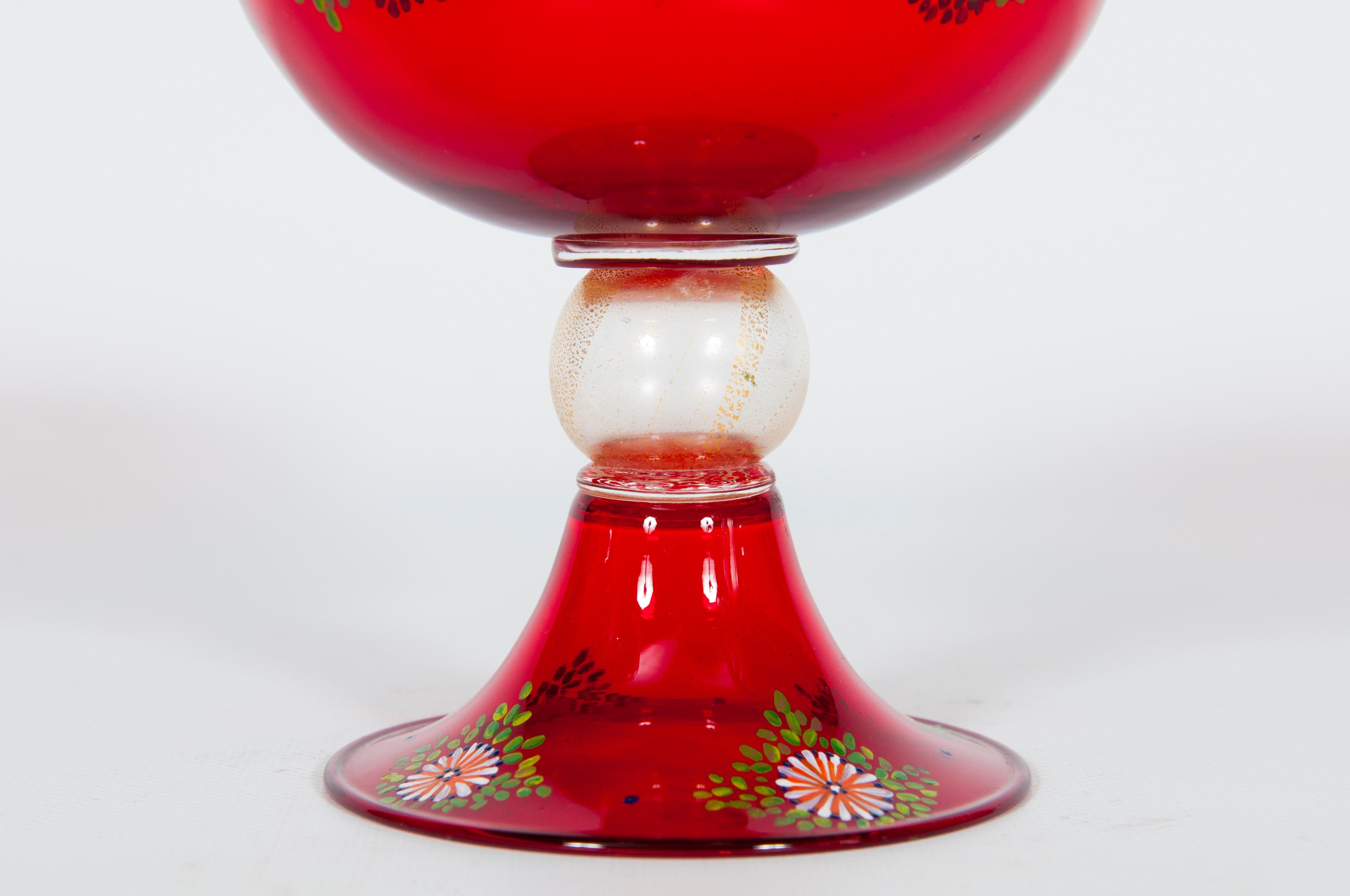 Italian Red Murano Glass Goblet with Hand-Painted Garlands Attributed to Caramea, 1990s For Sale