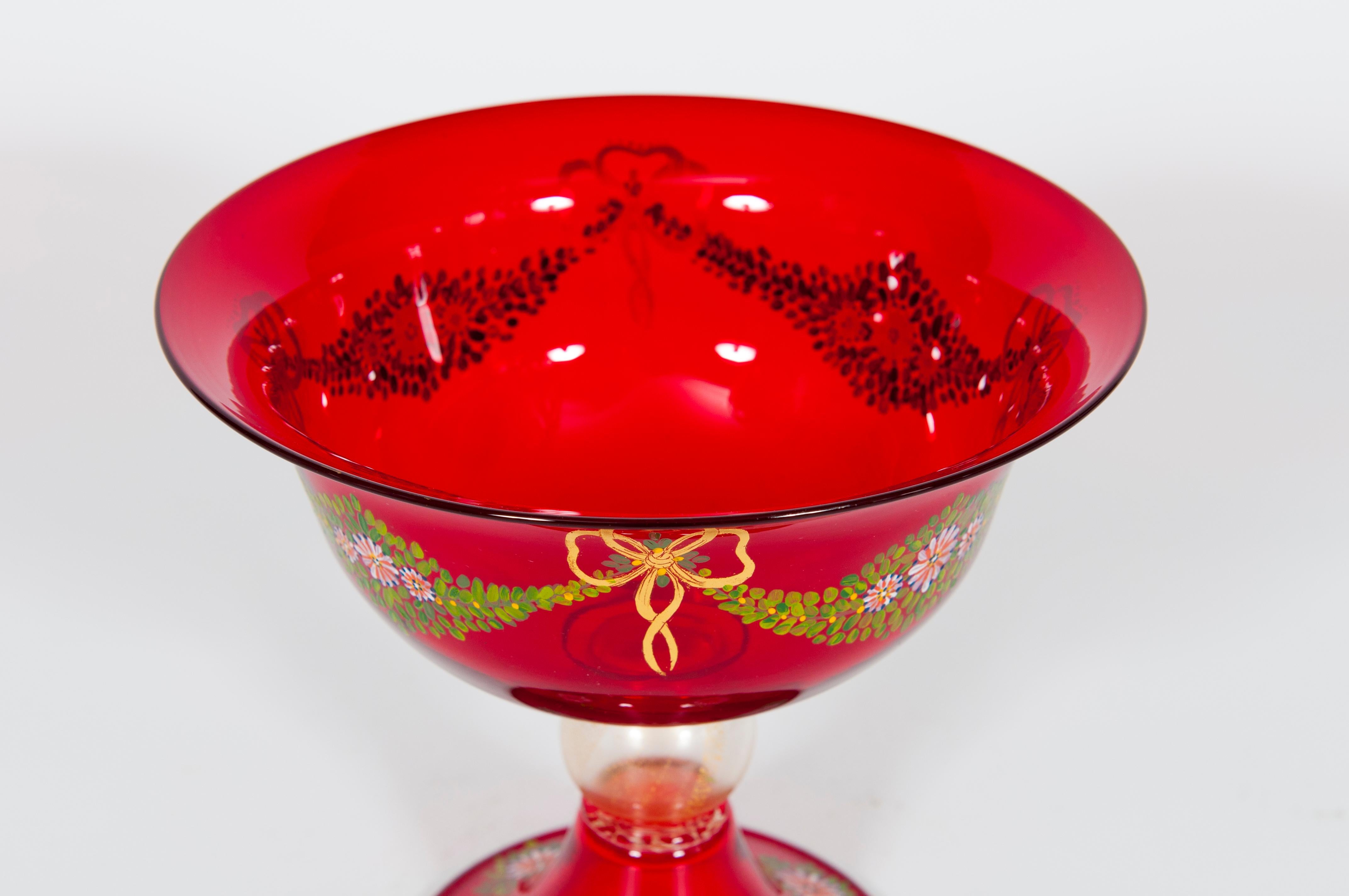 Red Murano Glass Goblet with Hand-Painted Garlands Attributed to Caramea, 1990s For Sale 1