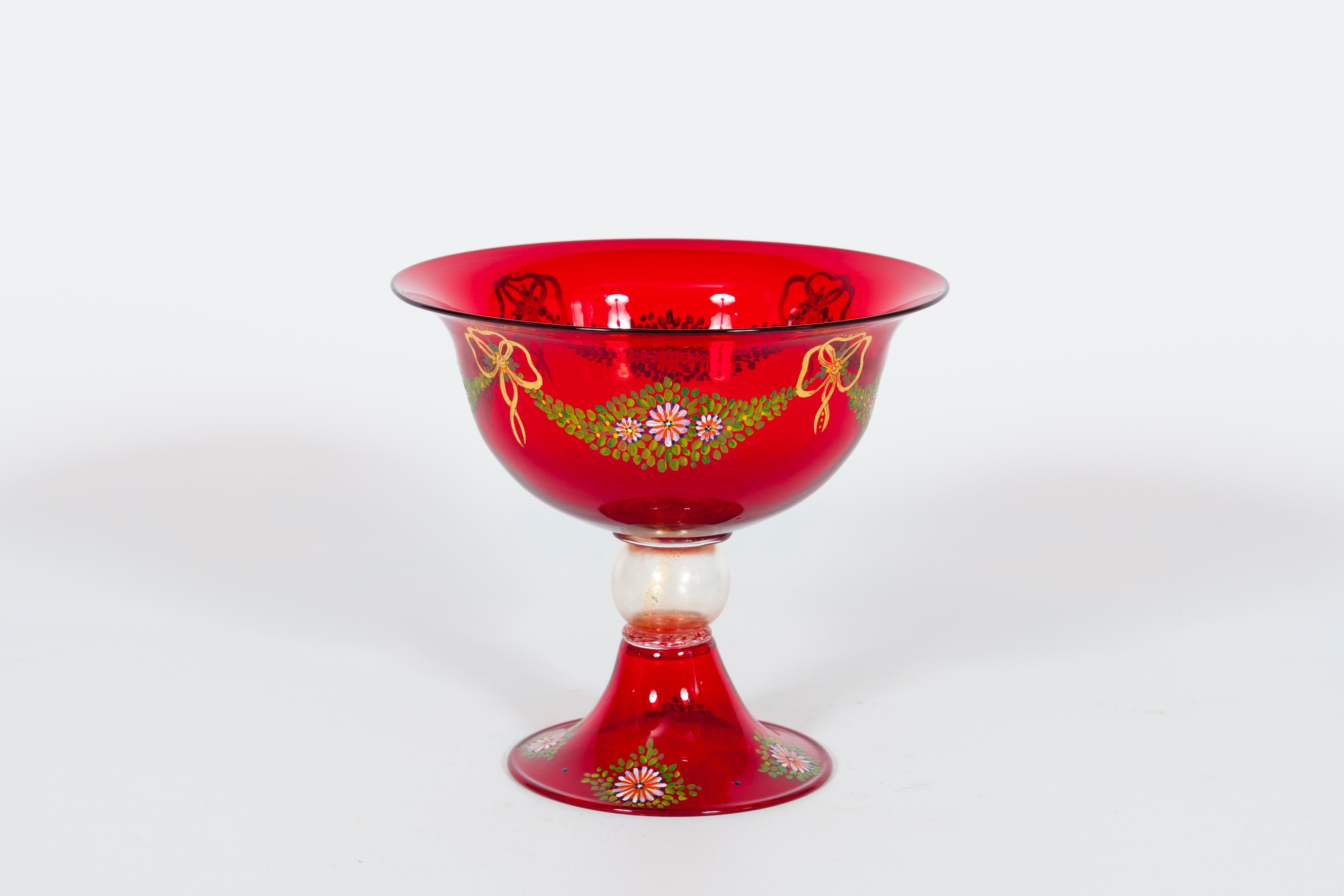 Red Murano Glass Goblet with Hand-Painted Garlands Attributed to Caramea, 1990s For Sale 2