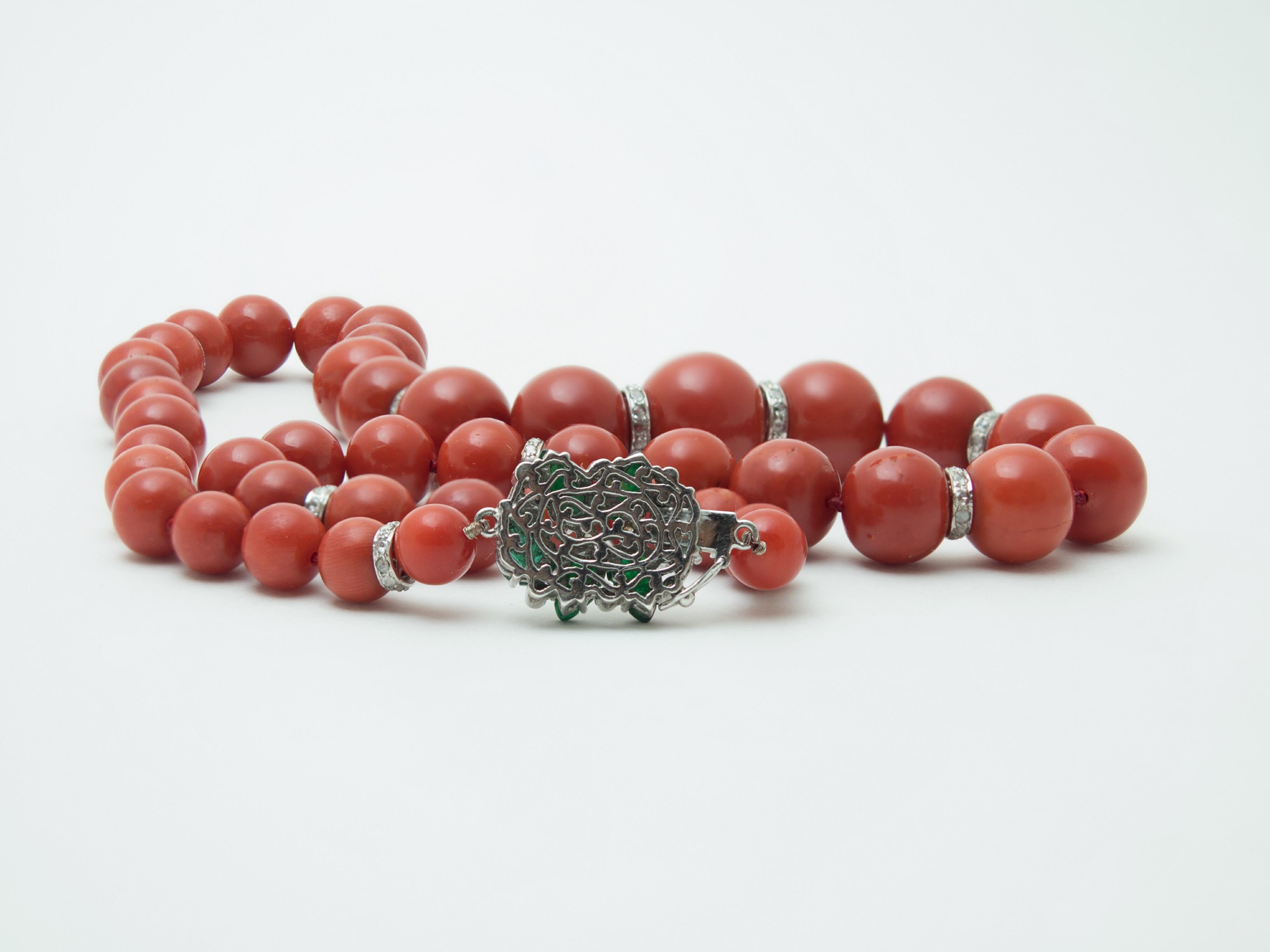Red Natural Coral Bead Diamond Necklace For Sale 2