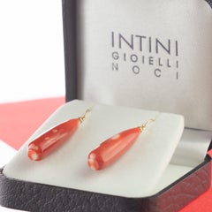 Red Natural Coral Bold Tear Drop 18 Karat Yellow Gold Dangle Chic Earrings