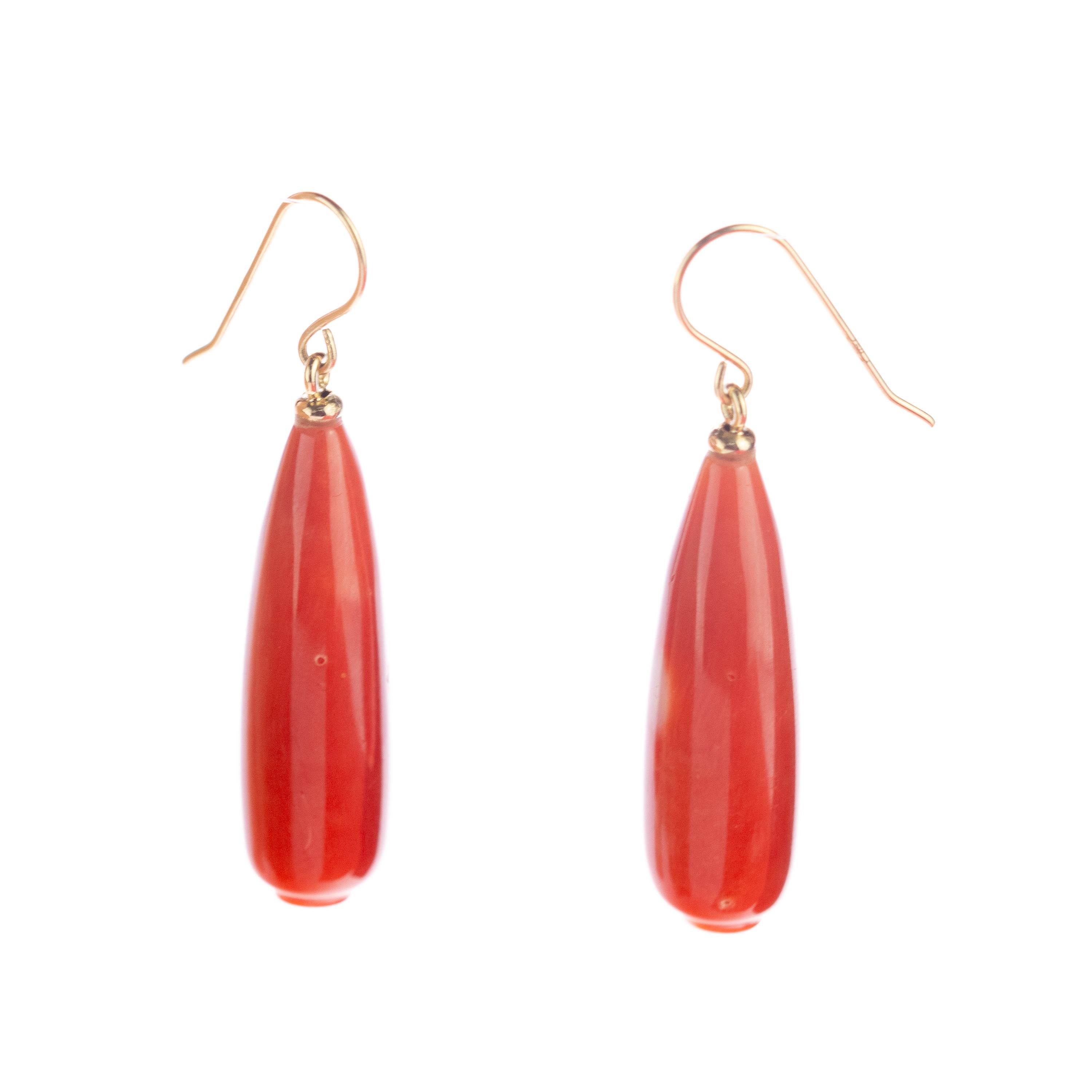 Women's Red Natural Coral Bold Tear Drop 18 Karat Yellow Gold Dangle Chic Earrings For Sale