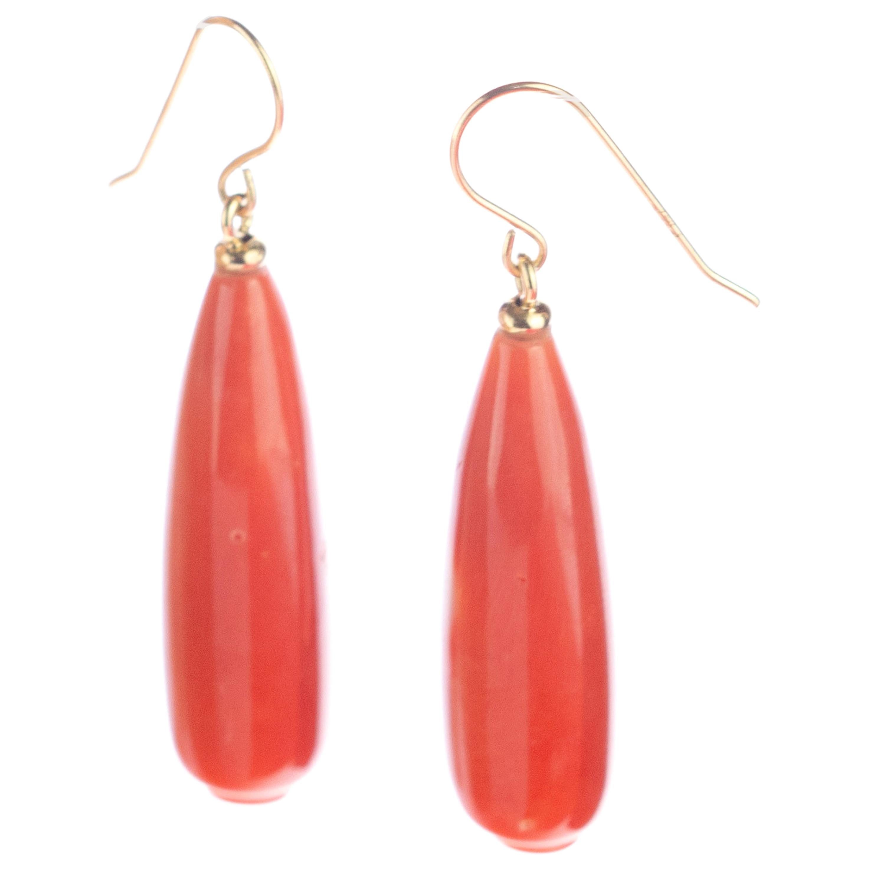 Red Natural Coral Bold Tear Drop 18 Karat Yellow Gold Dangle Chic Earrings For Sale