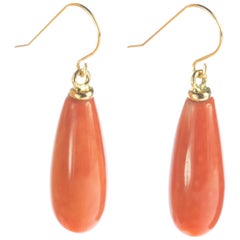 Red Natural Coral Bold Tear Drop 18 Karat Yellow Gold Dangle Ear Wires Earrings