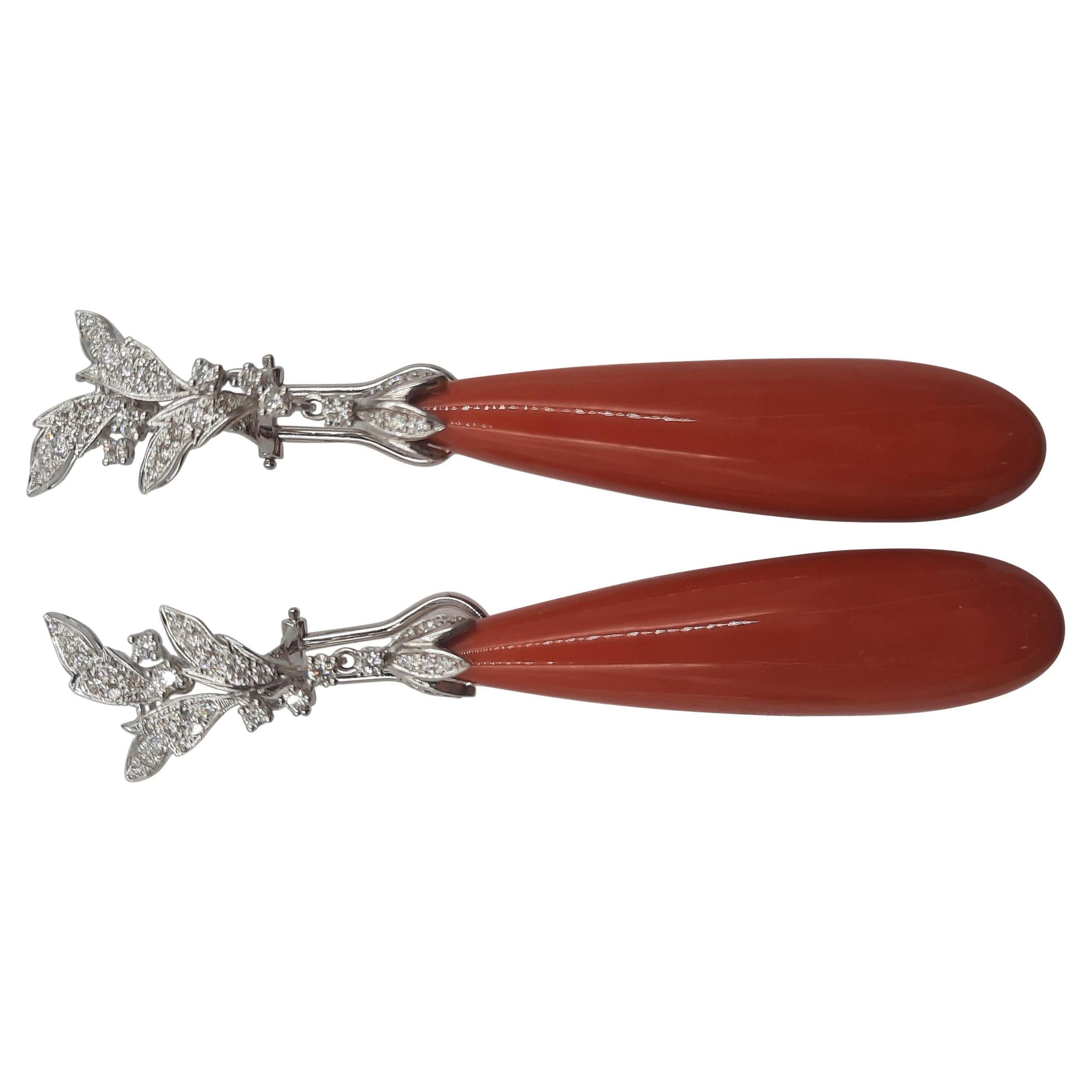 Red Natural Coral Brilliant Cut Diamond 18 Carats White Gold Drop Earrings For Sale