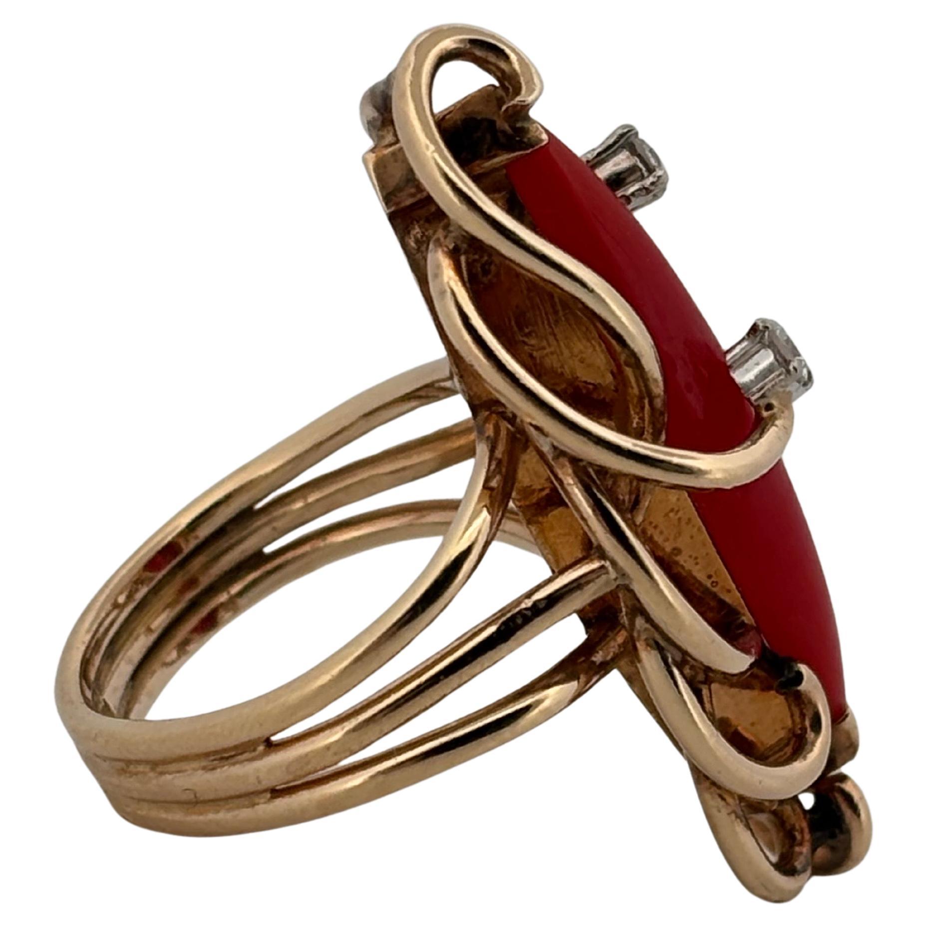 Retro Red Natural Coral & Diamond 14K Yellow Gold Abstract Ring For Sale