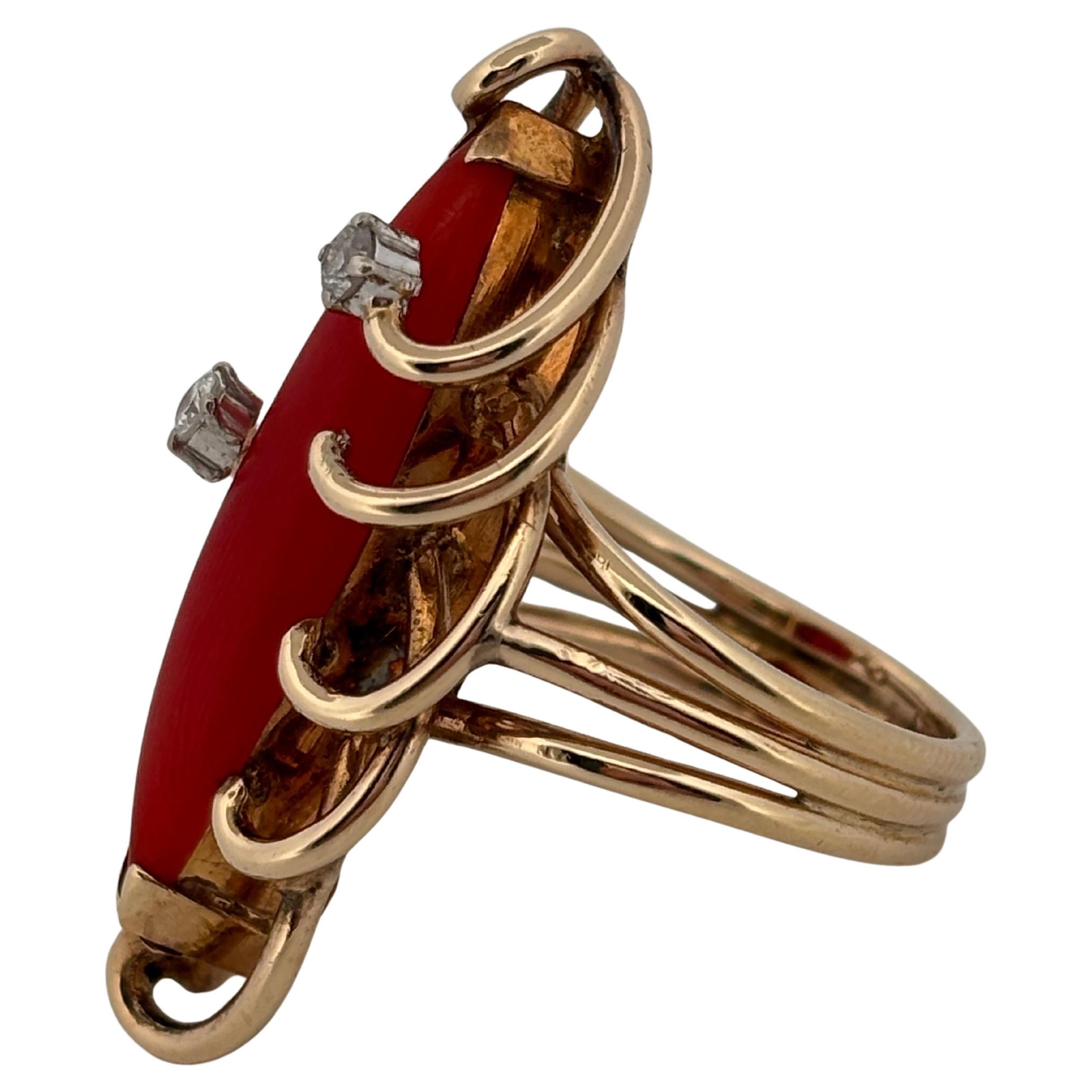 Marquise Cut Red Natural Coral & Diamond 14K Yellow Gold Abstract Ring For Sale